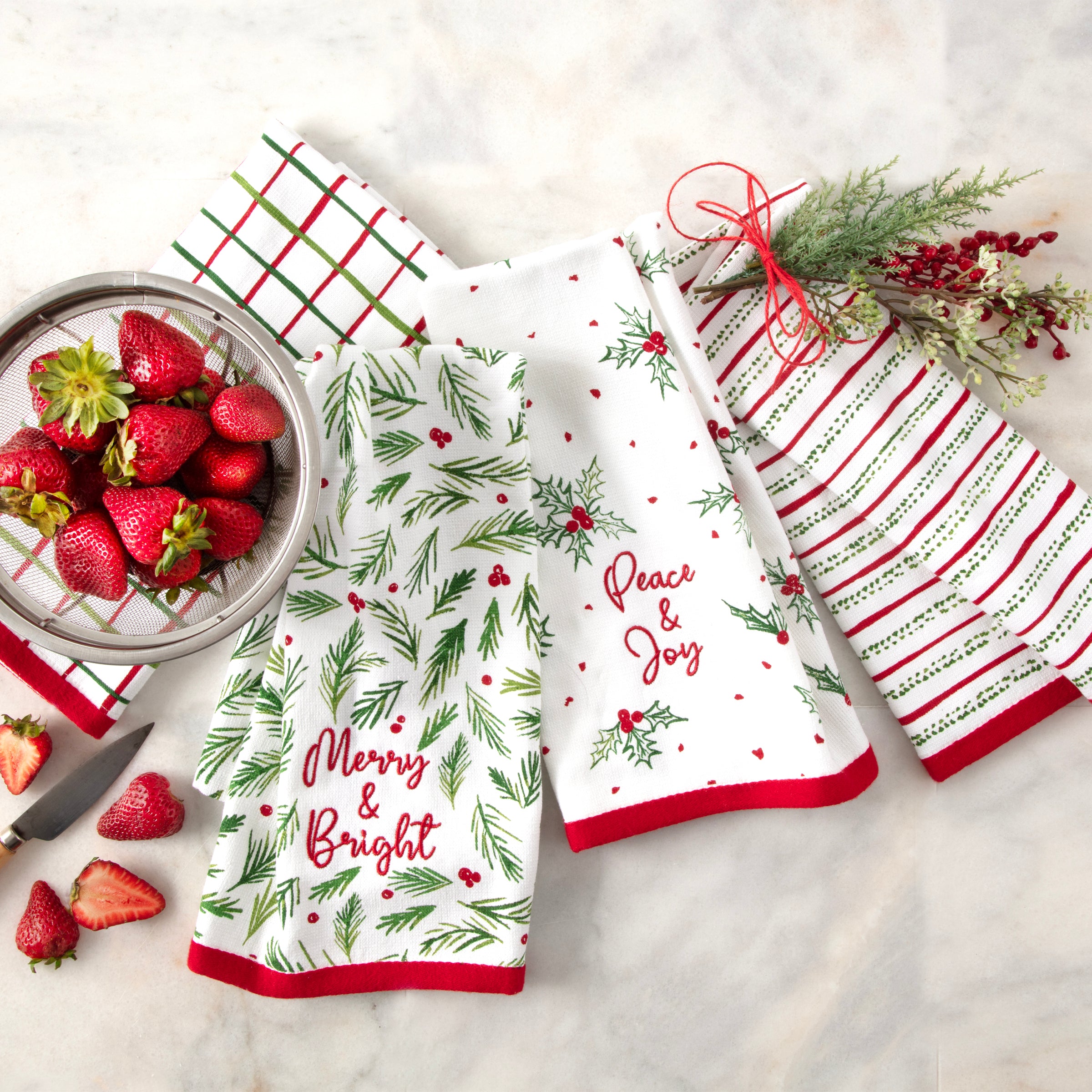 Bayberry Christmas Kitchen Towels - Set of 4 Holiday Dish Towels