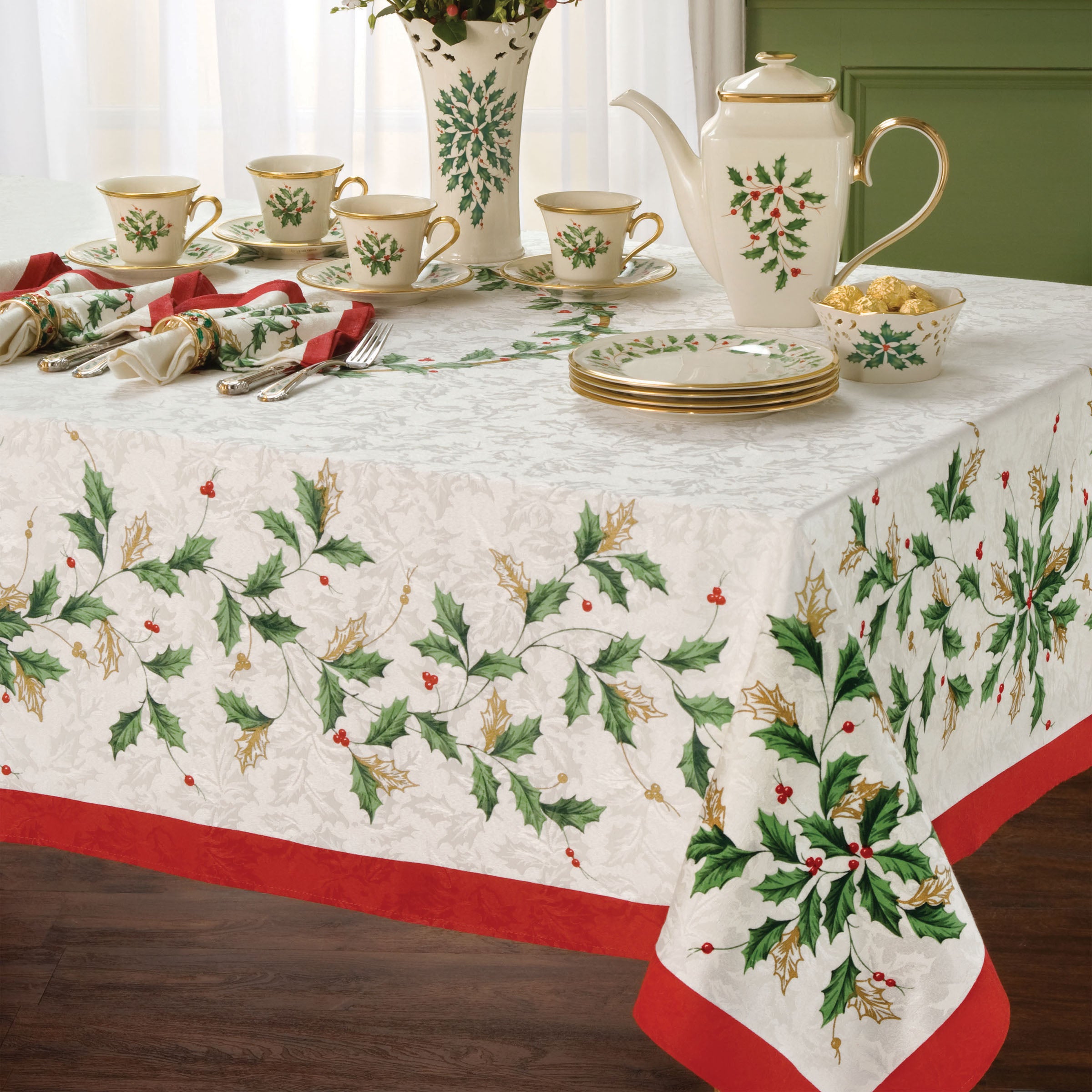 Festive Red Holiday Tablecloth 60x84 Inches with Holly Pattern
