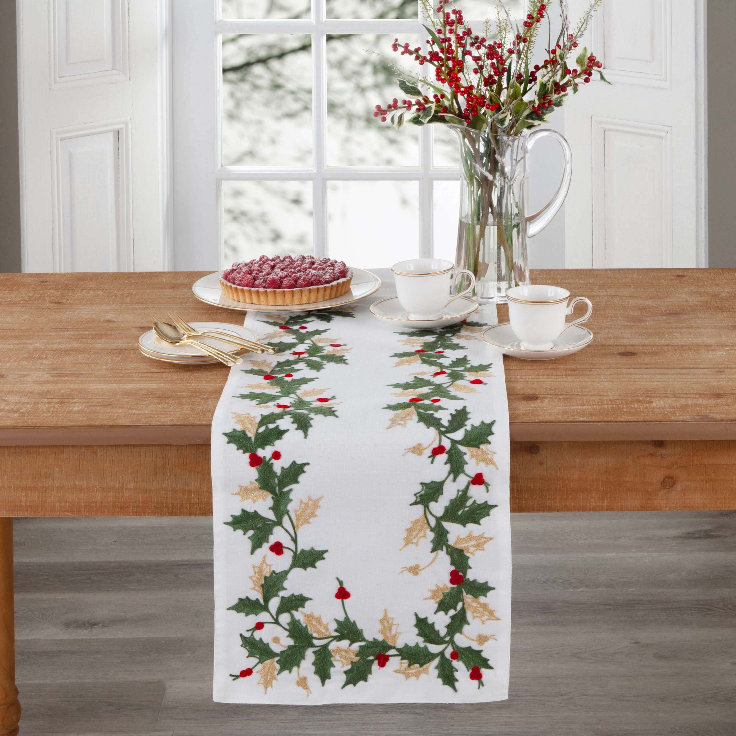 Holiday Embroidered Table Runner 14x70 for Festive Dining