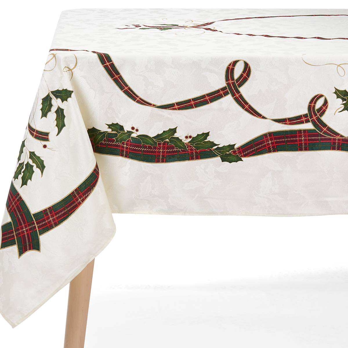 Creamy White Holiday Nouveau Tablecloth with Holly & Plaid