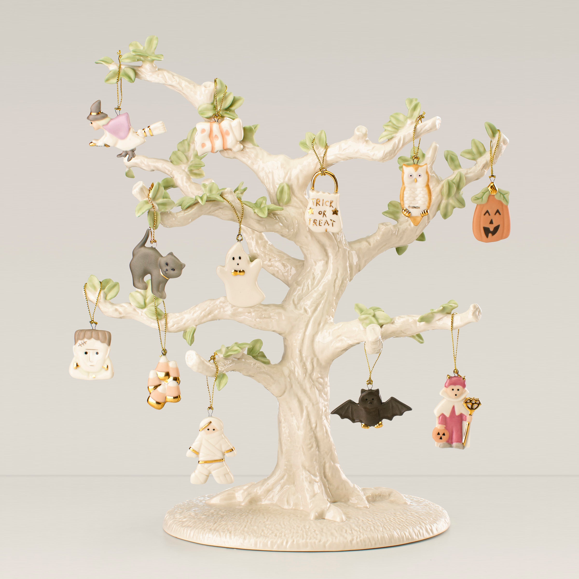 Halloween Porcelain Ornament Set with Tree - 12-Piece Trick or Treat Decor