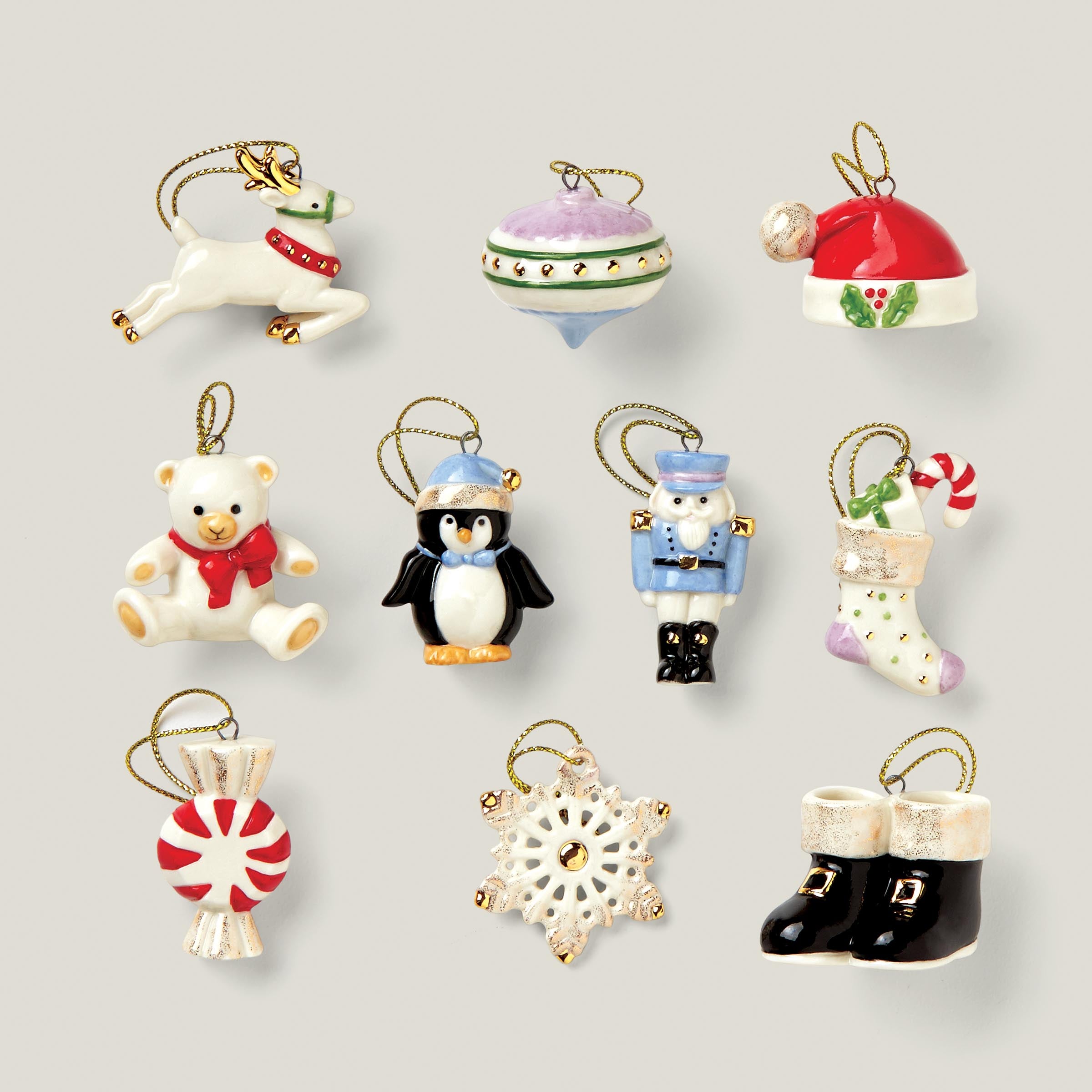 Hand-Painted Ceramic Christmas Ornament Set with Gold Accents