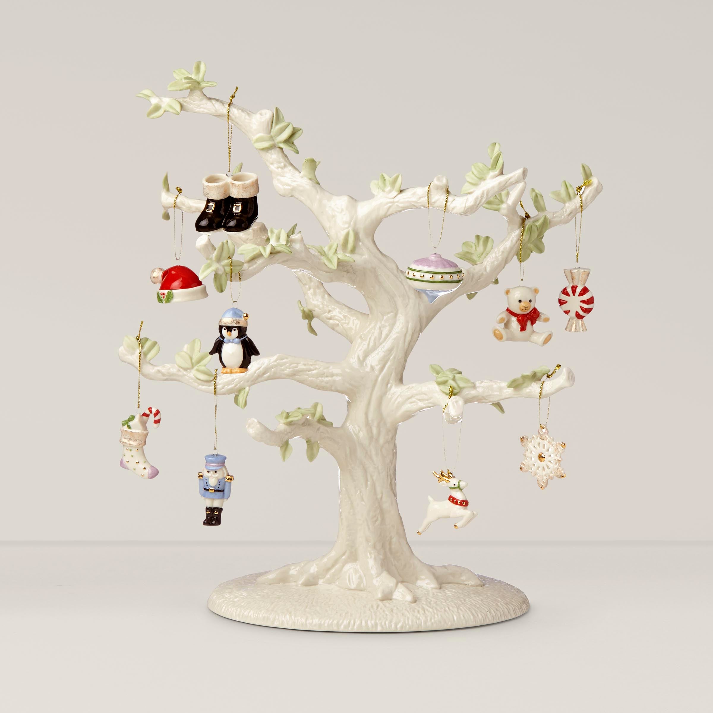 Ceramic Christmas Tree Set with 11 Hand-Painted Ornaments & Gold Accents