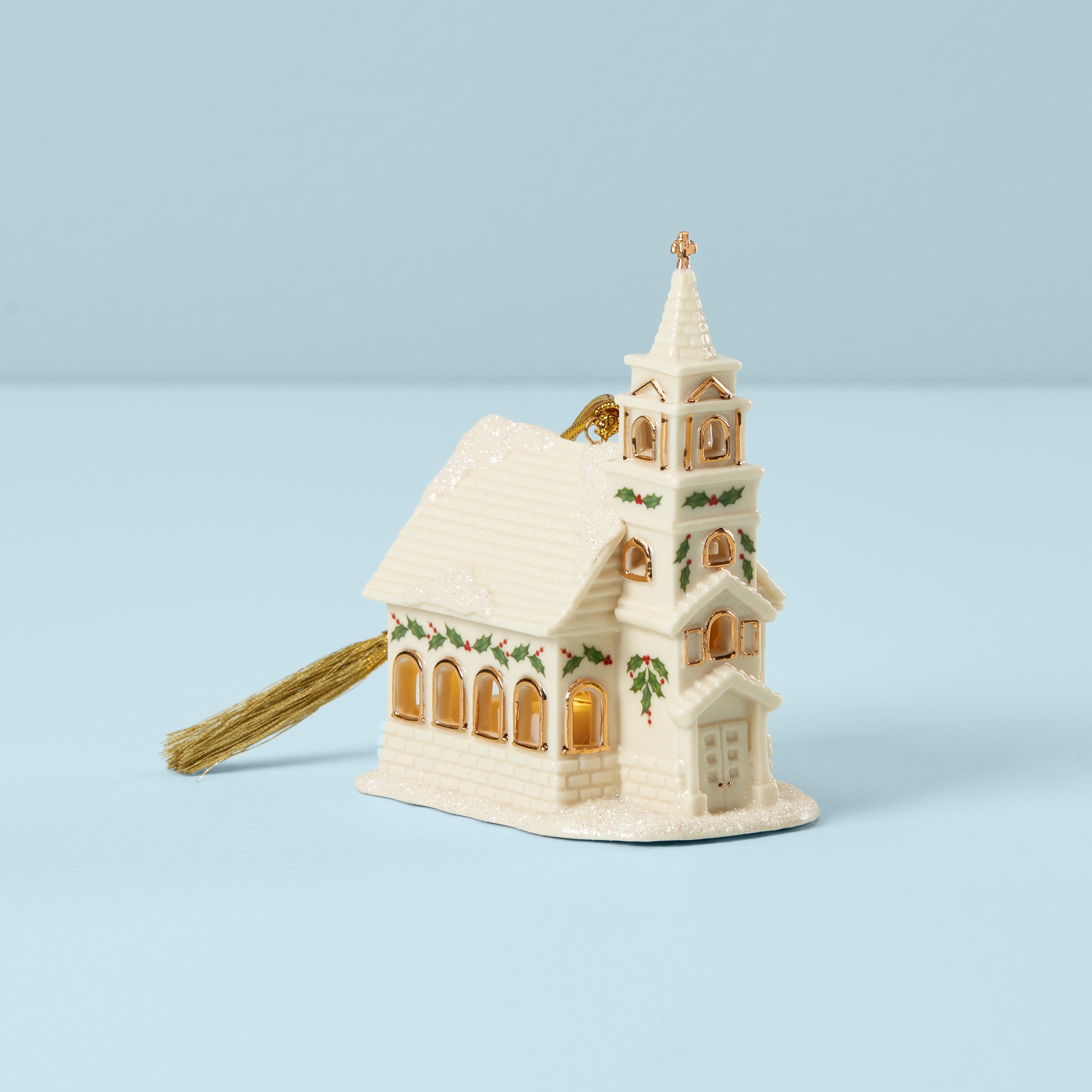 White Ceramic Christmas Village Church Ornament with LED Lights & Gold Accents