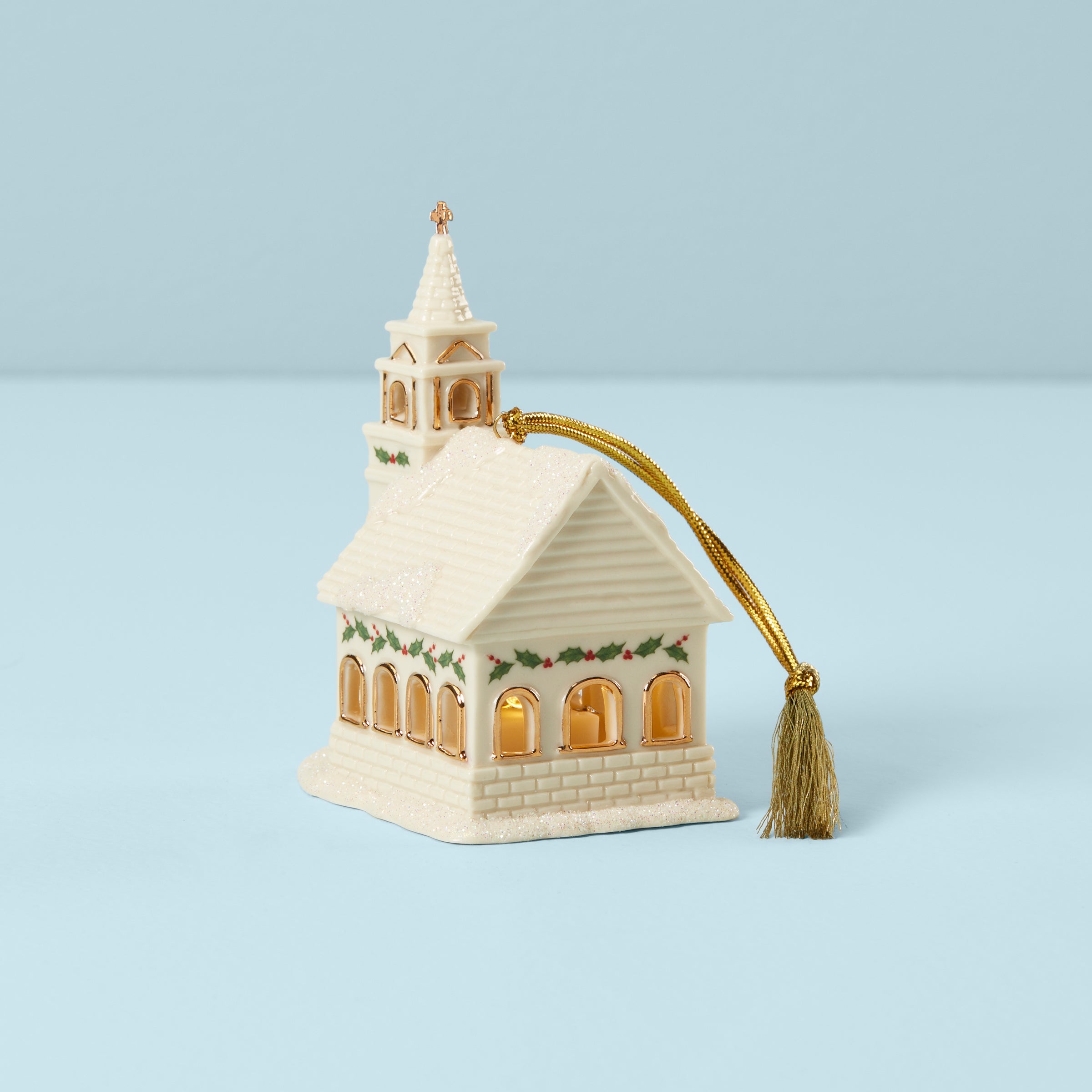 White Ceramic Christmas Village Church Ornament with LED Lights & Gold Accents