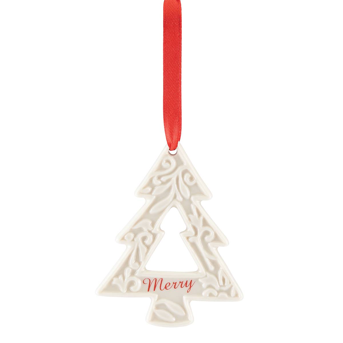 Porcelain Merry Christmas Tree Ornament with Red Ribbon