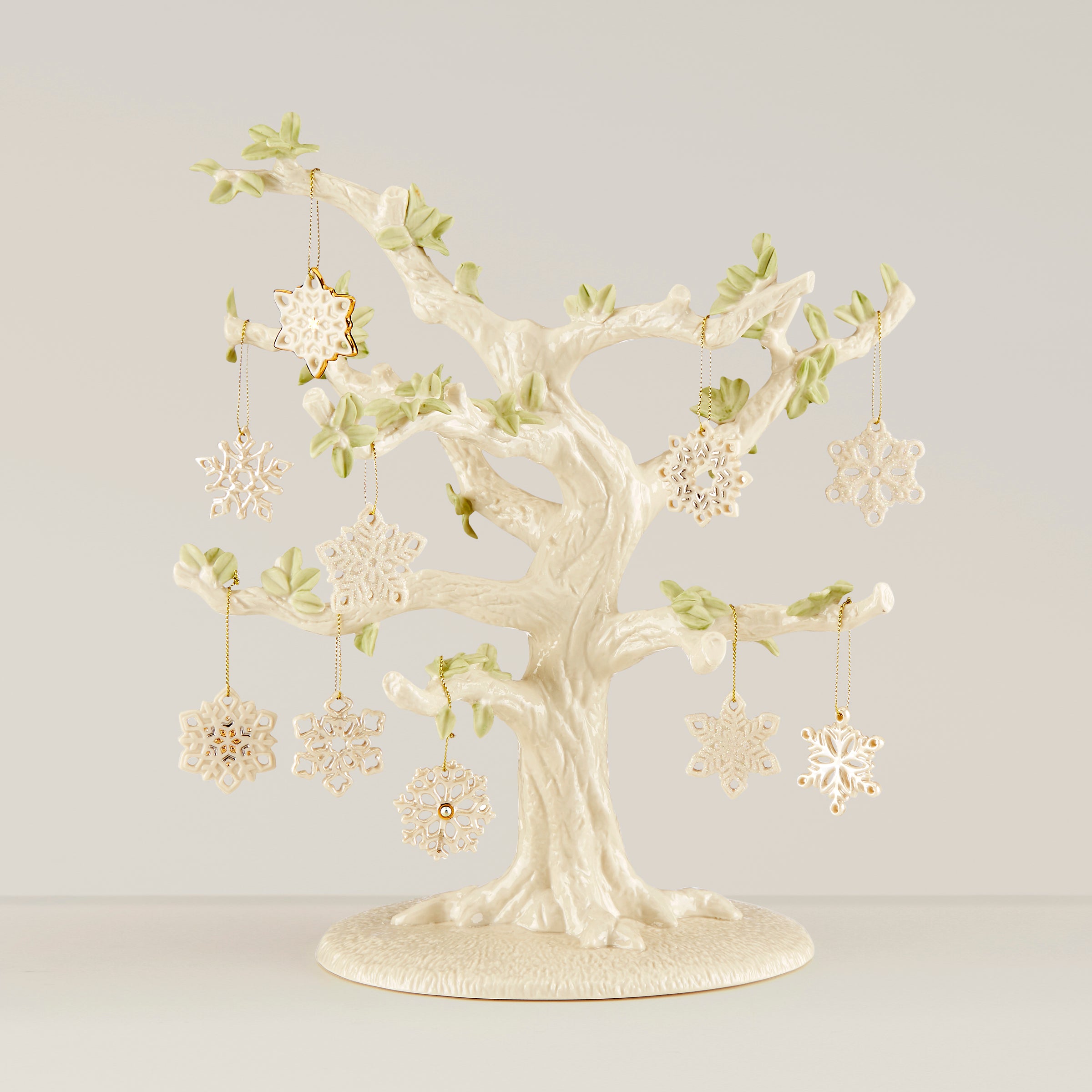 Porcelain Christmas Tree Set with 10 Unique Snowflake Ornaments