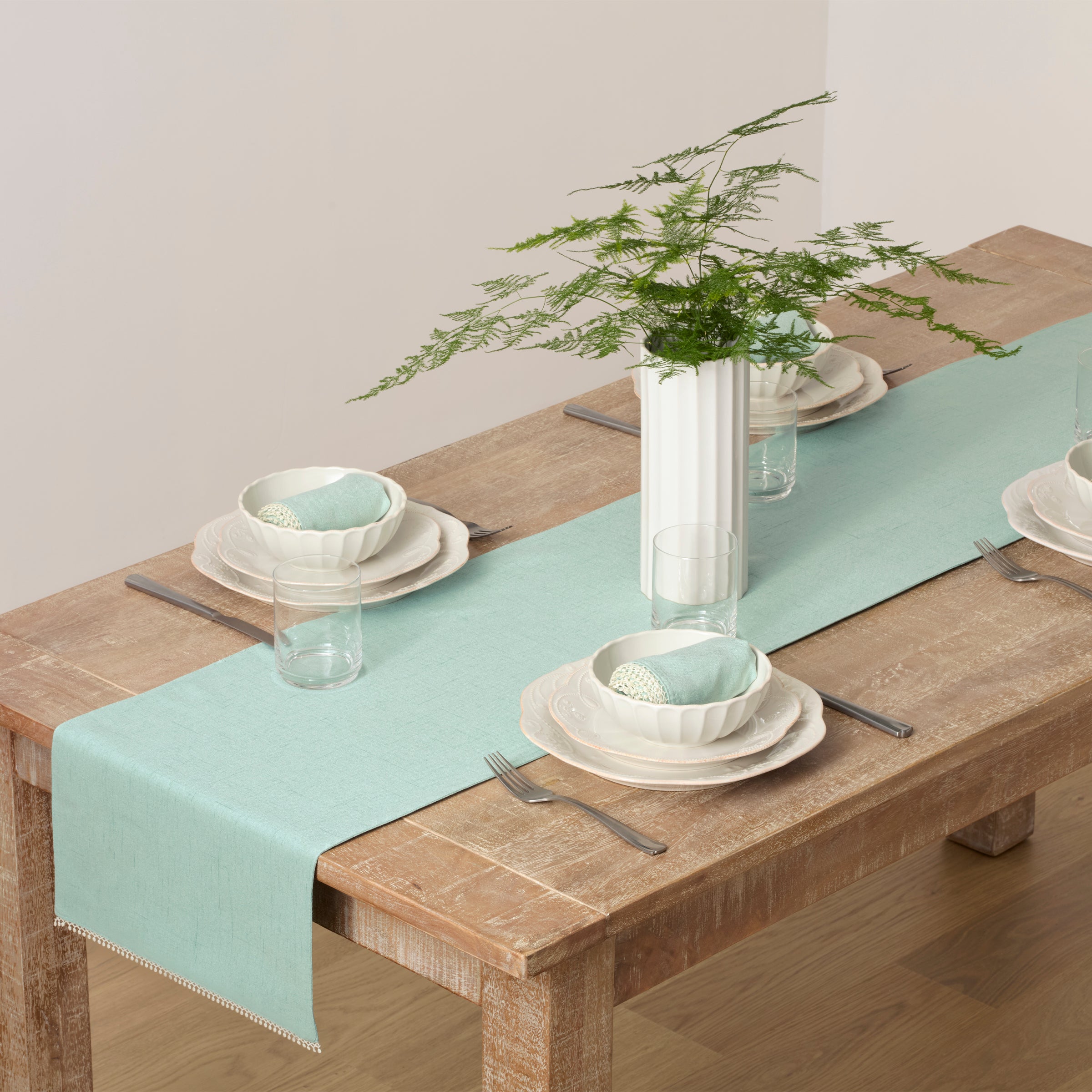 French Country Ice Blue Frayed Edge Table Runner - French Perle
