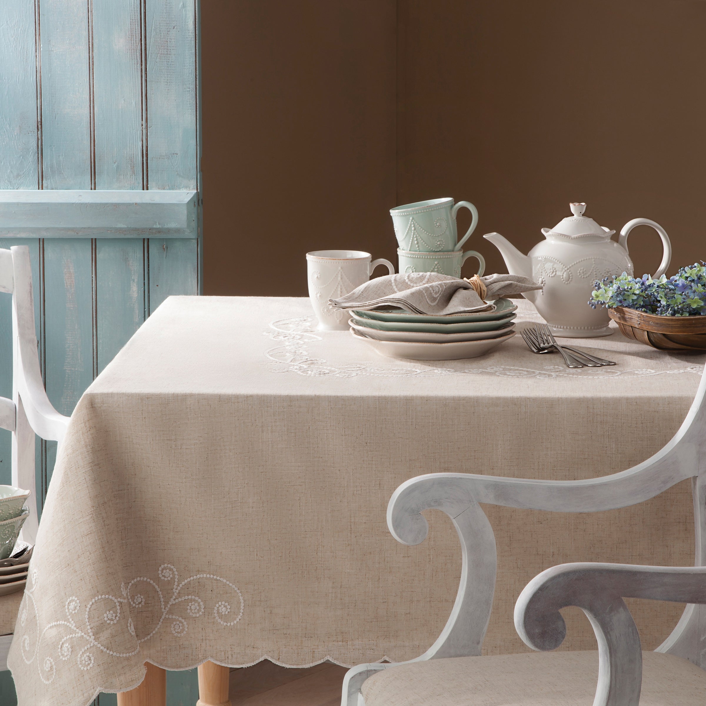 French Pearl Linen Tablecloth with Swirl & Scroll Embroidery