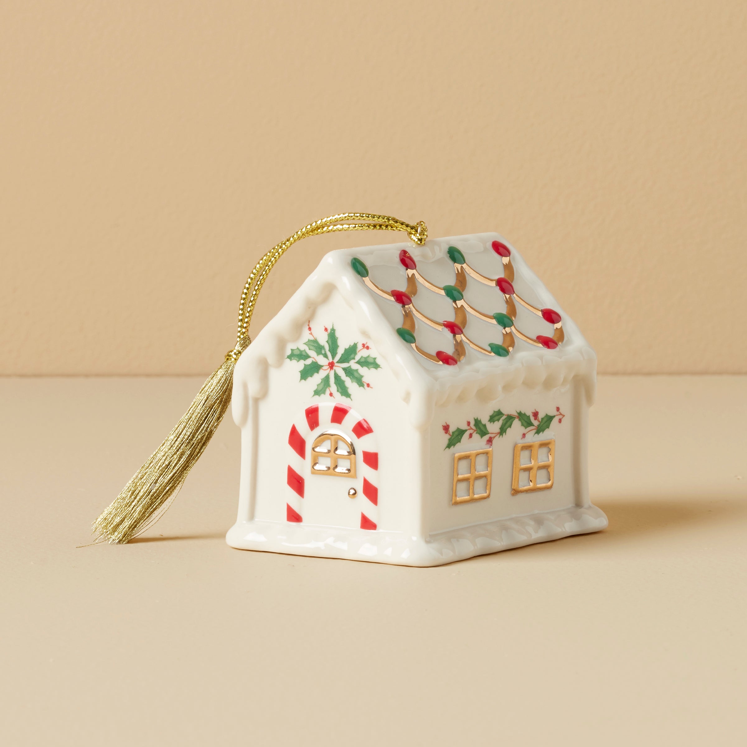 Gingerbread House Christmas Ornament with Holly & Candy Cane Decor