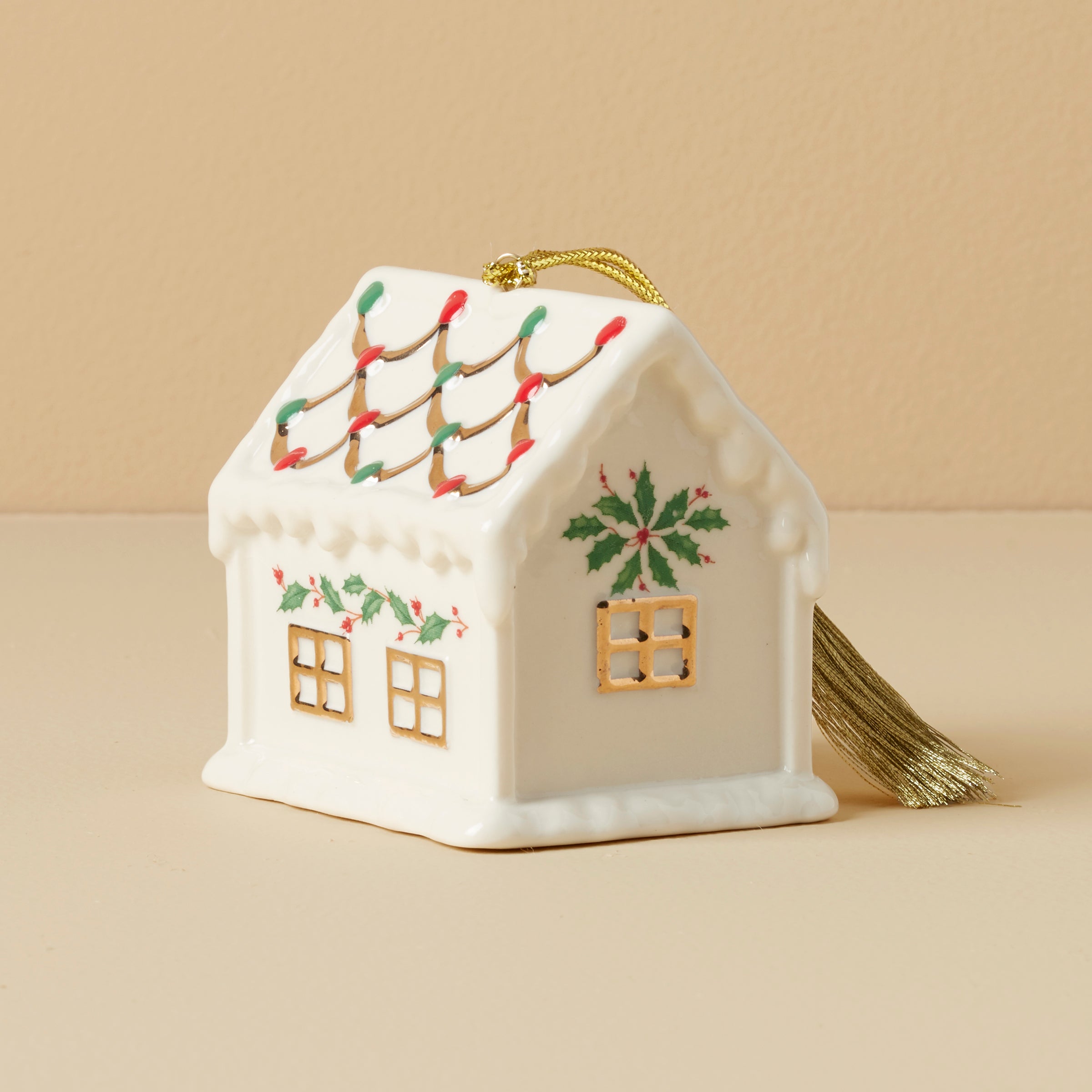 Gingerbread House Christmas Ornament with Holly & Candy Cane Decor