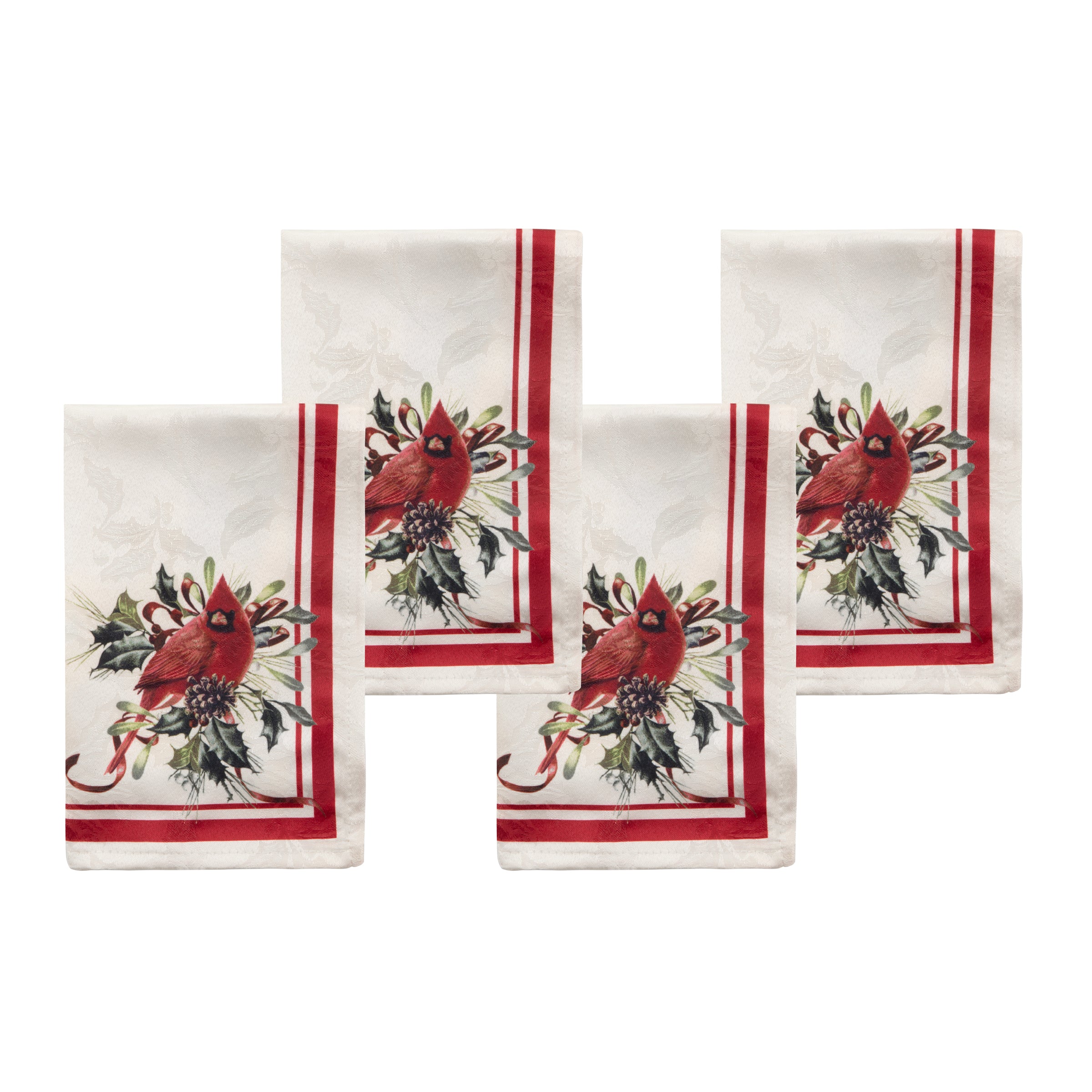 Winter Holiday Dinner Napkins - Set of 4 with Holly & Snowbirds