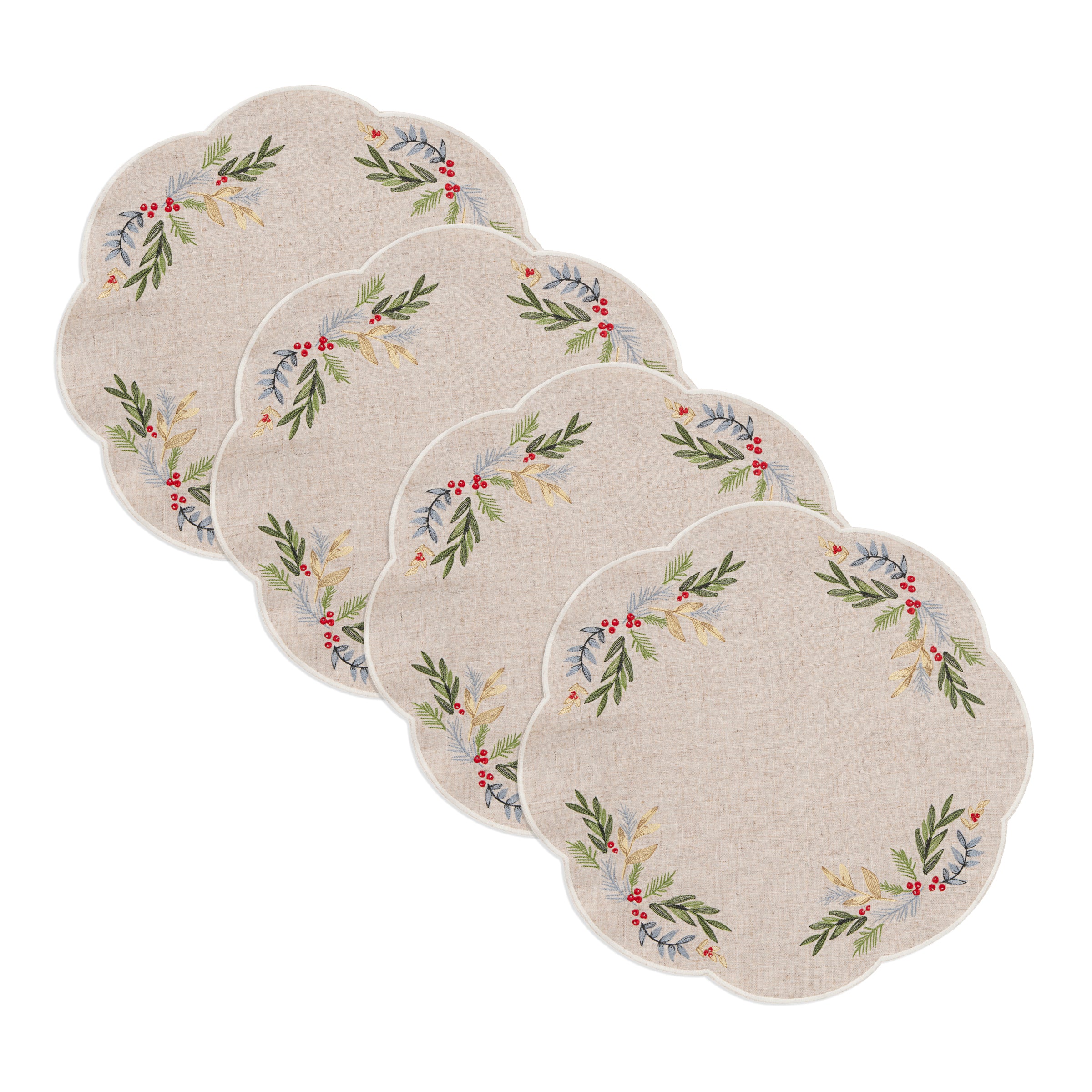 French Holly Embroidered Placemats Set of 4 - Scalloped Edges