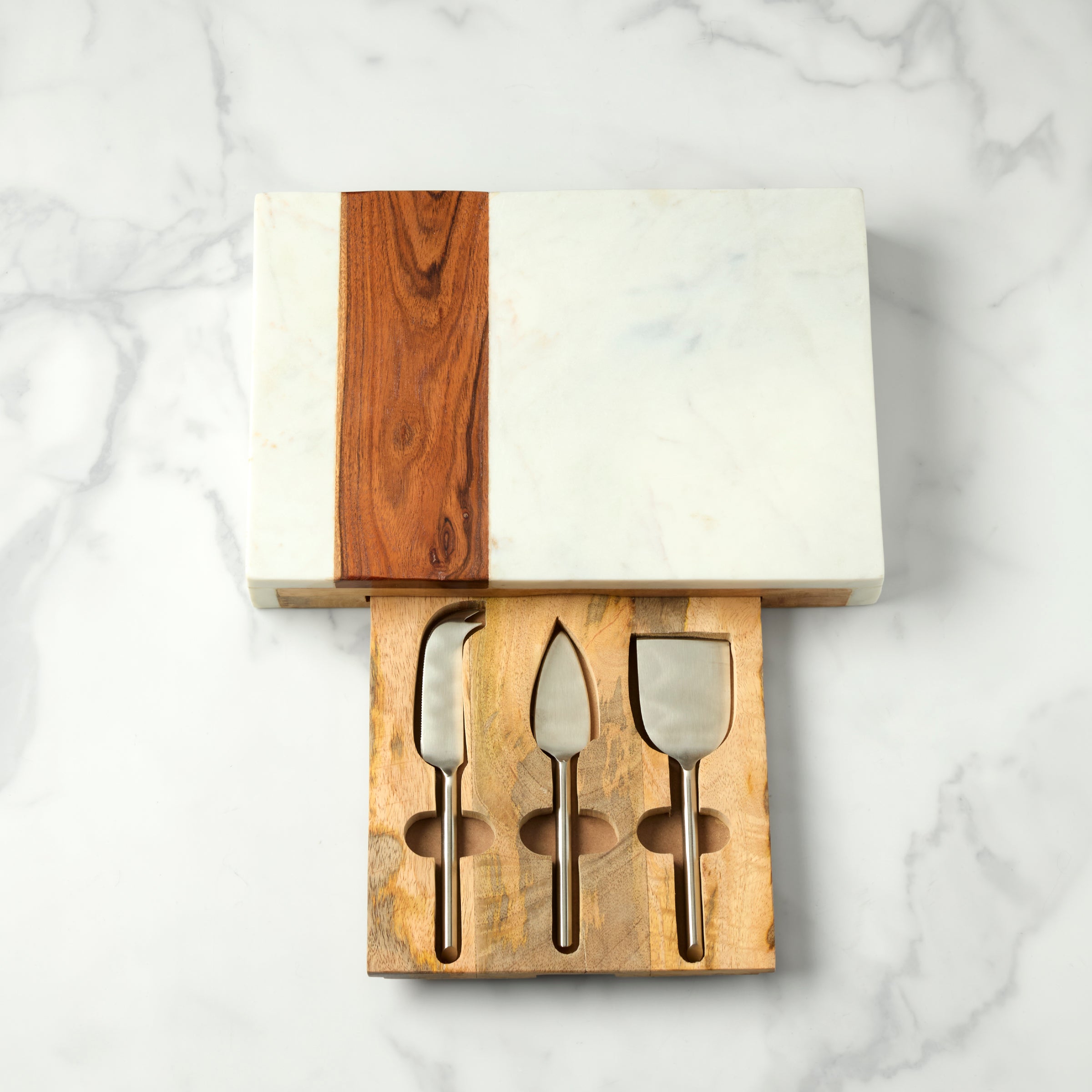 Handcrafted Marble & Wood Cheese Board Set with Drawer