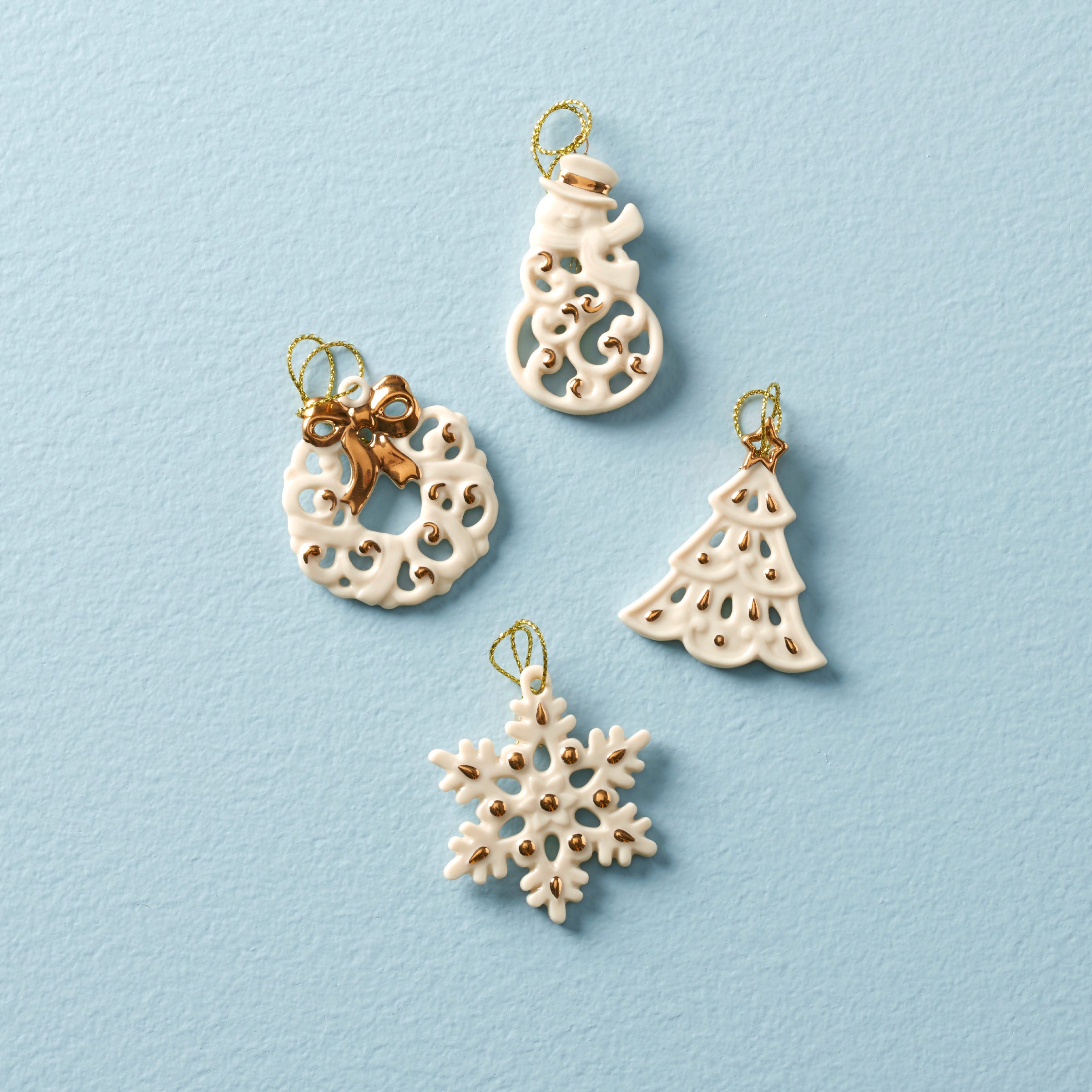 Porcelain Christmas Ornaments Set of 4 - Mini Pierced Gold Accents