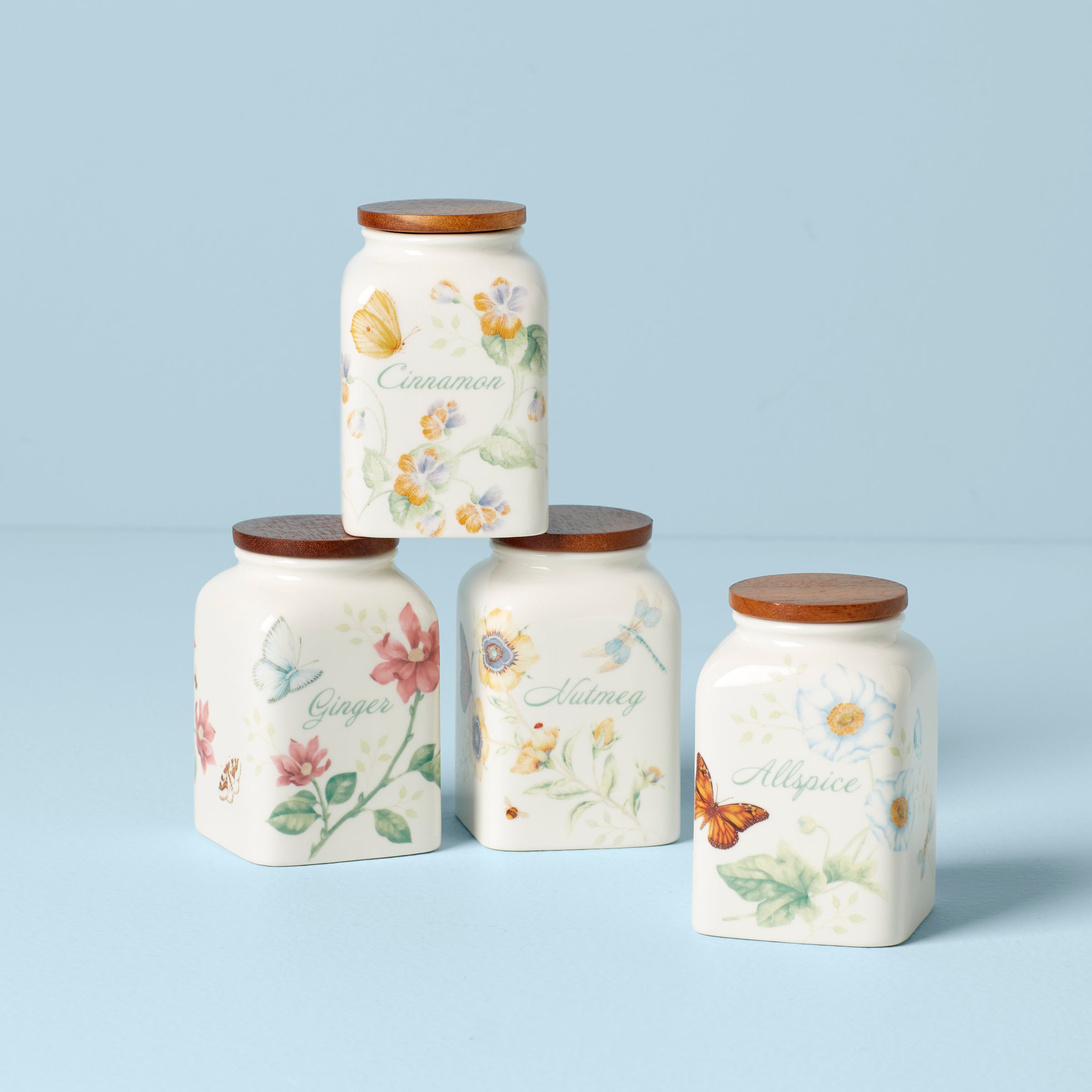 Butterfly Meadow Spice Jars Set - 4 Floral Kitchen Canisters