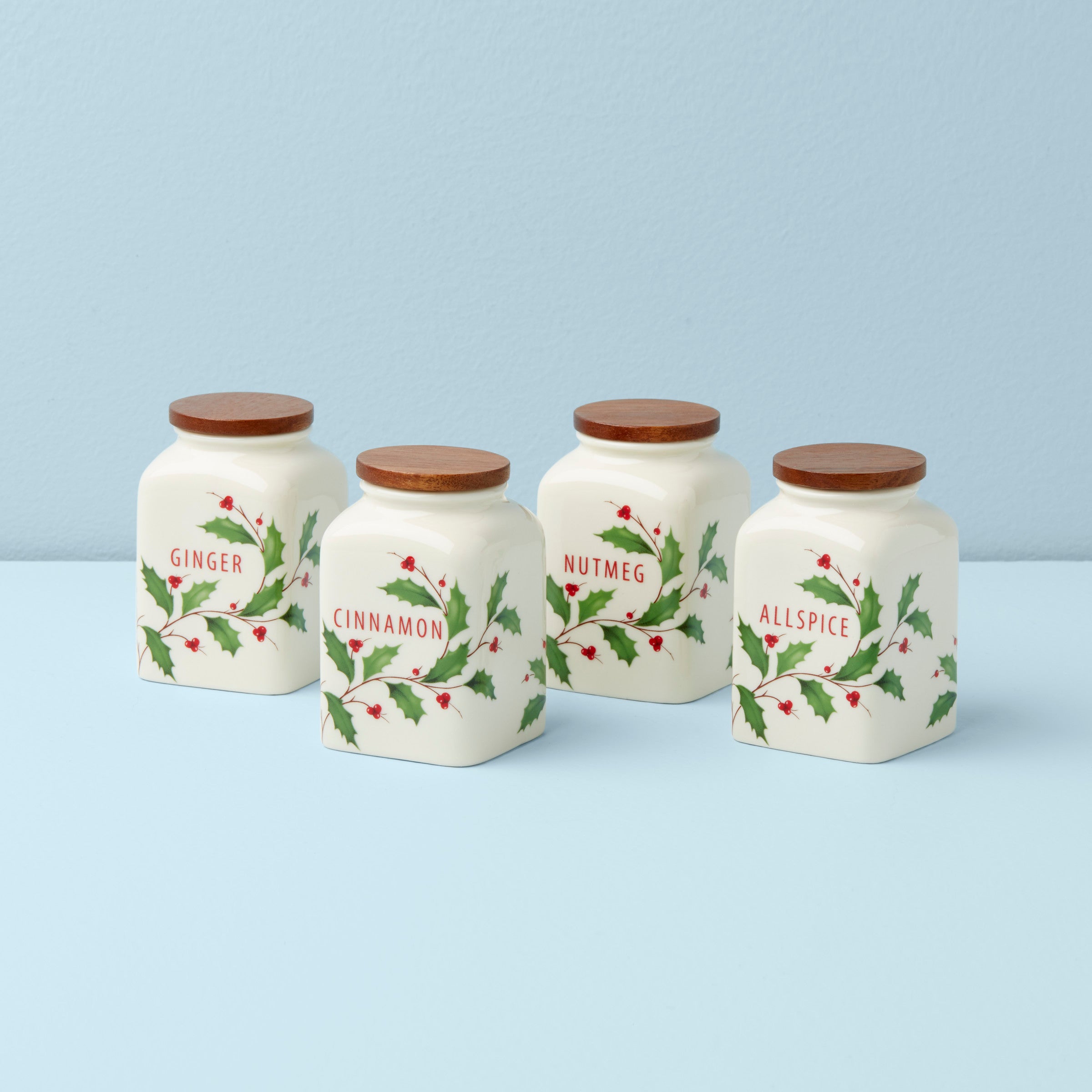 Vintage Holiday Spice Jars - Set of 4 with Wooden Lids