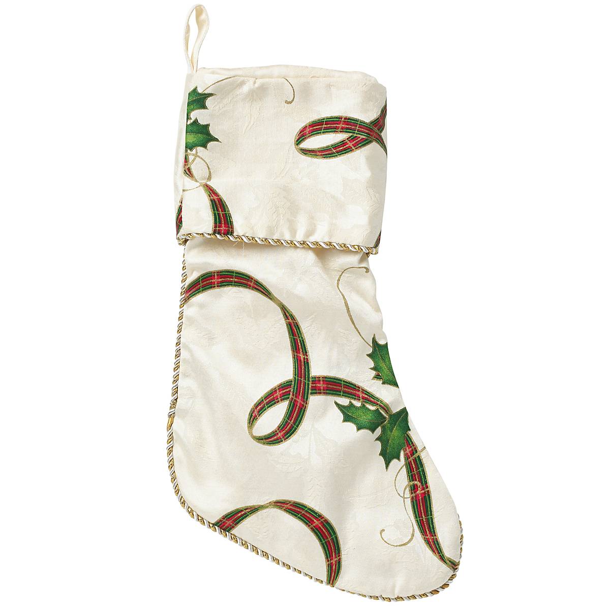 Creamy White Holiday Nouveau Stocking with Holly & Plaid Design