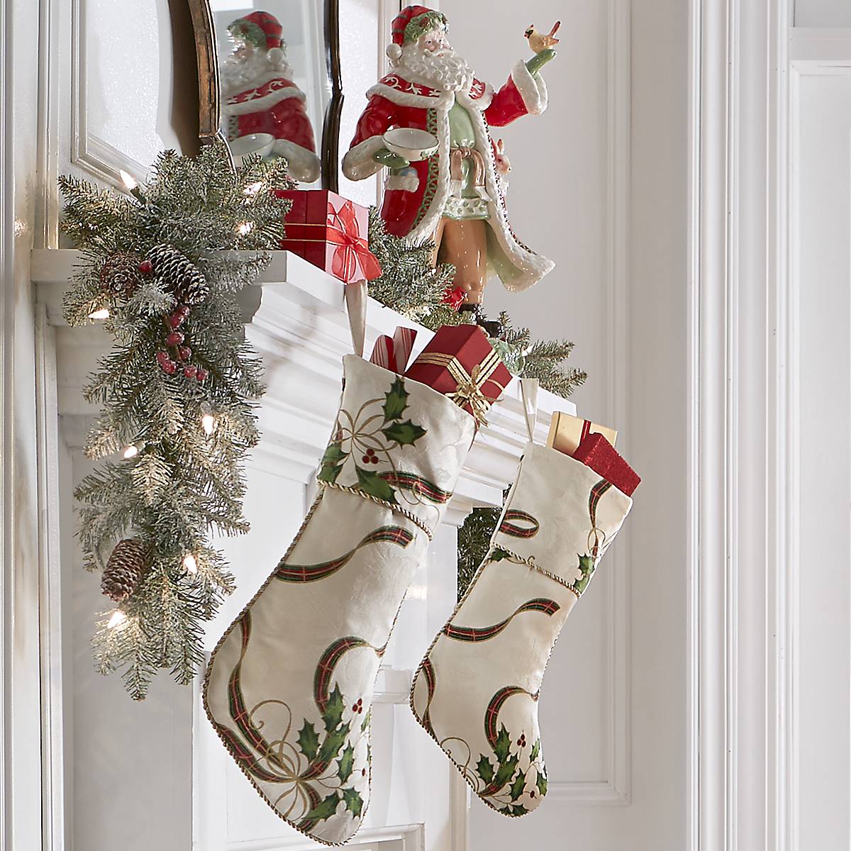 Creamy White Holiday Nouveau Stocking with Holly & Plaid Design
