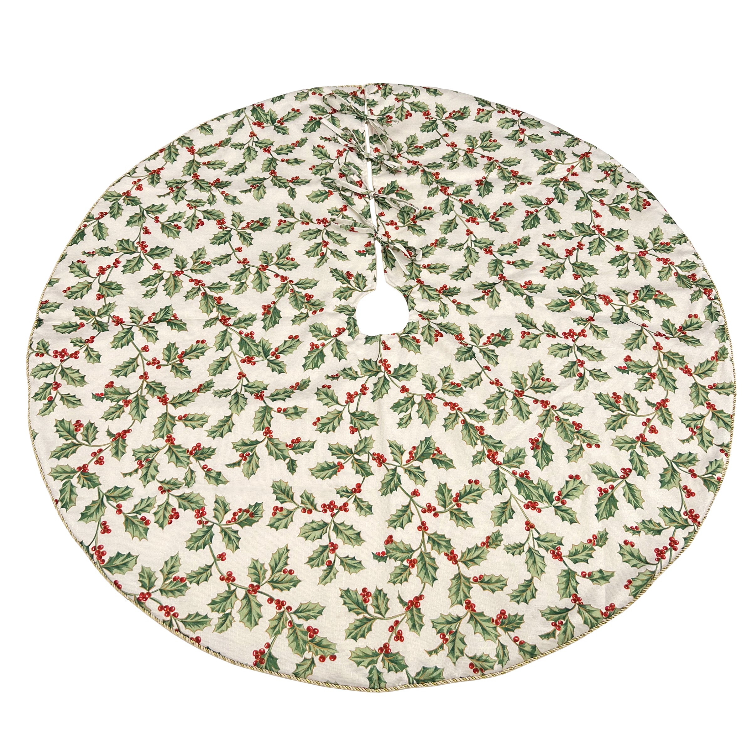 Golden Holly Christmas Tree Skirt - White with Gold Leaf Motifs