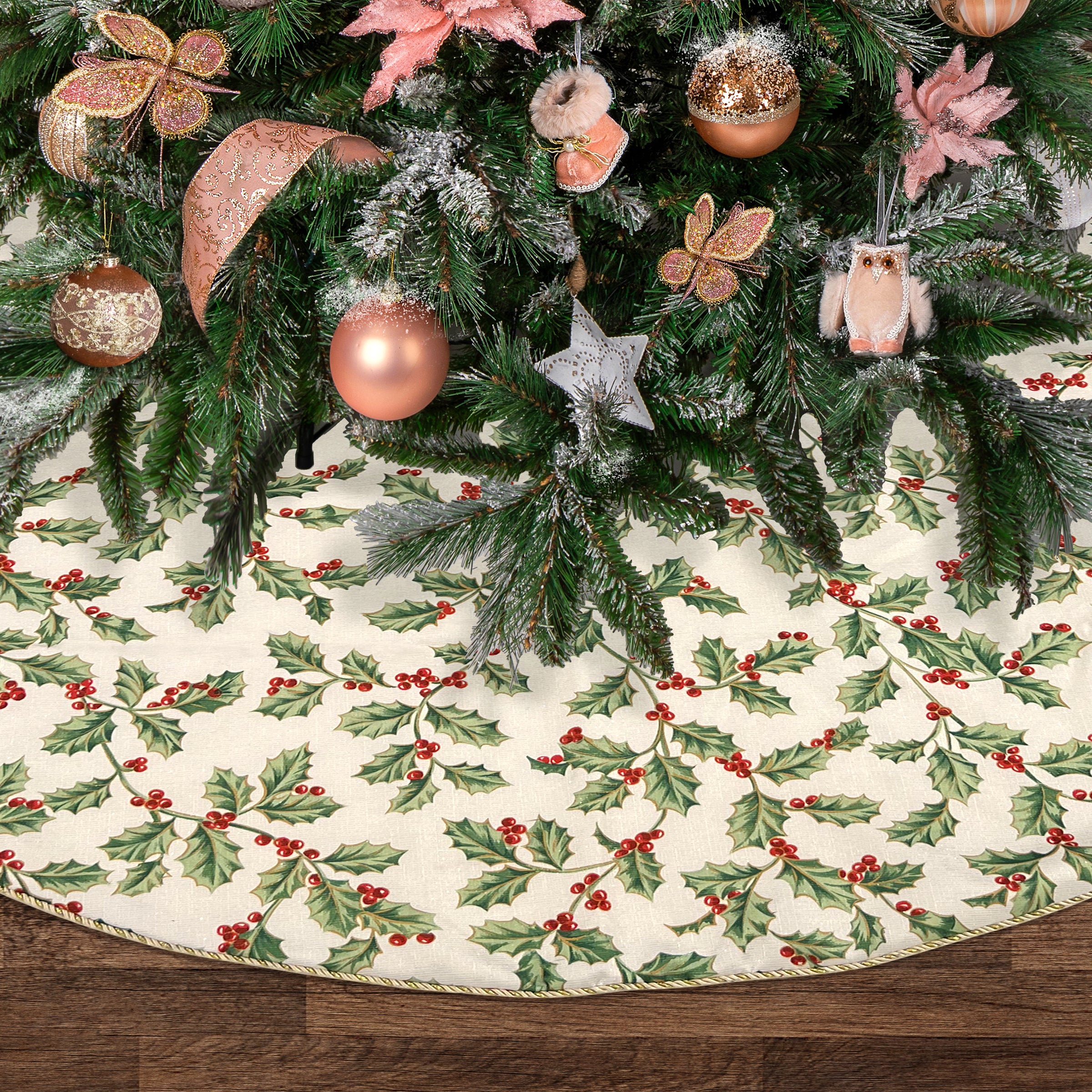 Golden Holly Christmas Tree Skirt - White with Gold Leaf Motifs