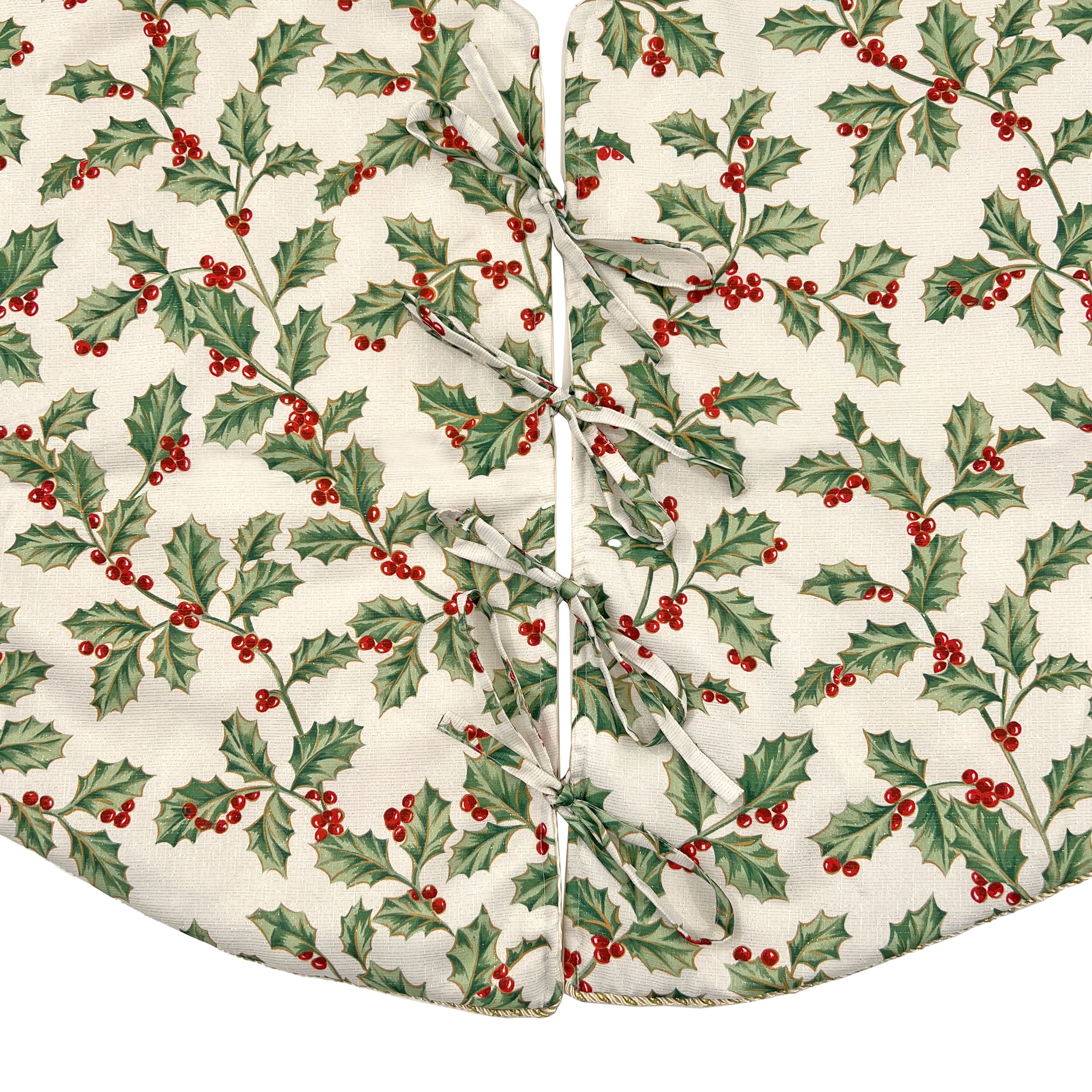 Golden Holly Christmas Tree Skirt - White with Gold Leaf Motifs