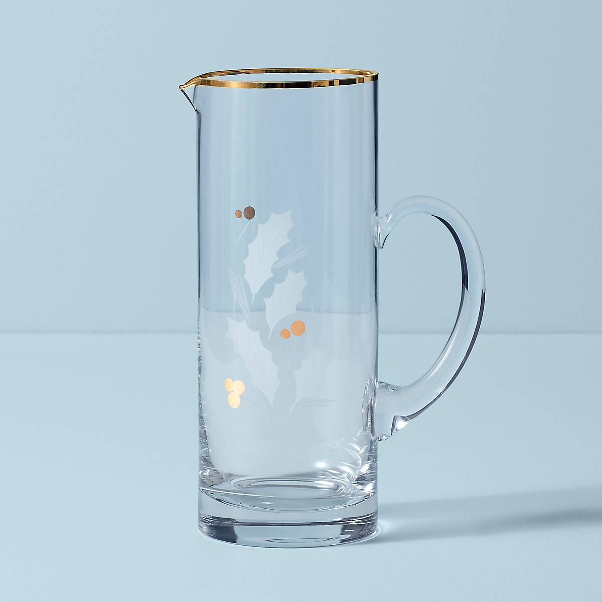 Holiday Glass Pitcher with Gold Etched Holly Leaves