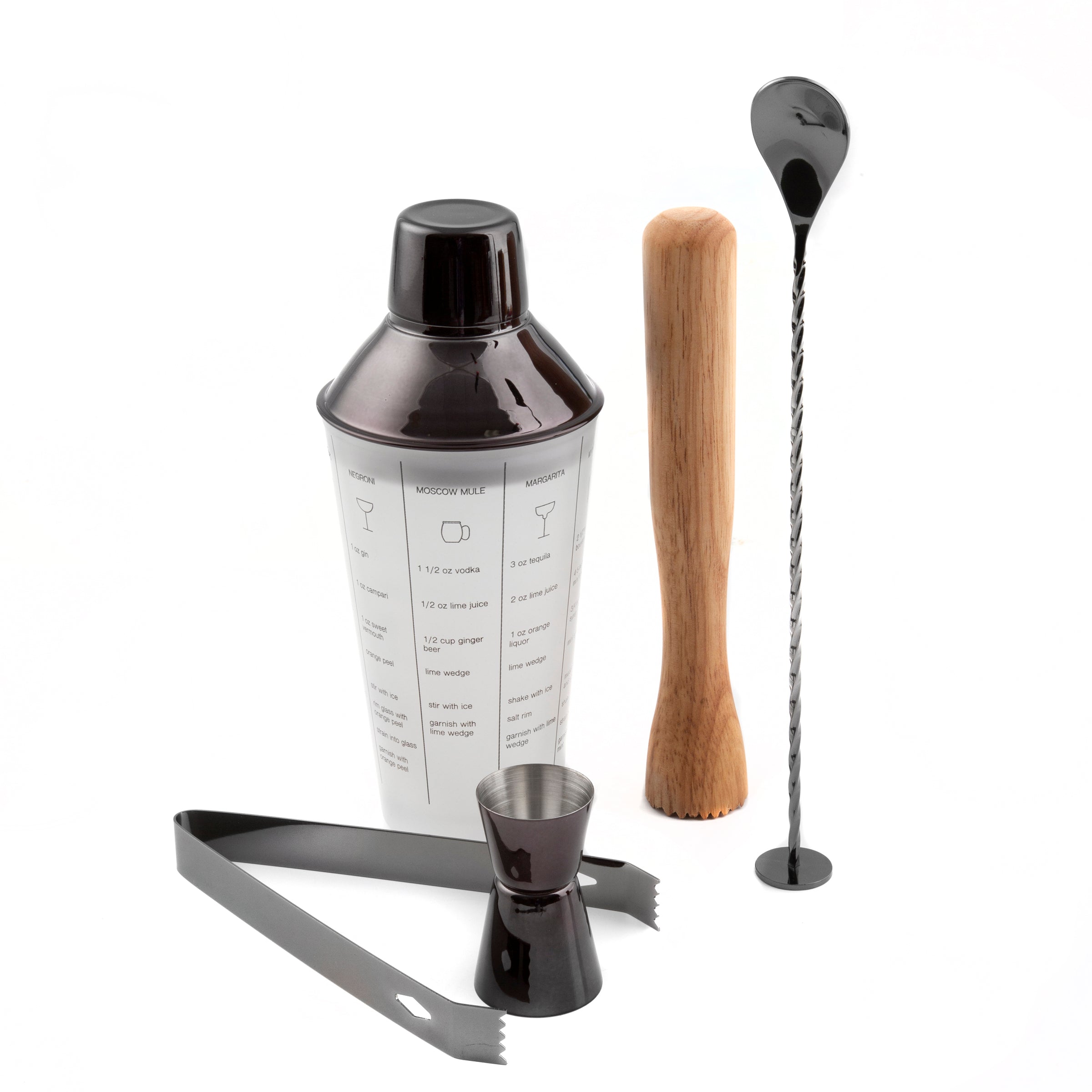 Black Mixology Cocktail Shaker Set - 5-Piece Bar Tools with Recipe Guide