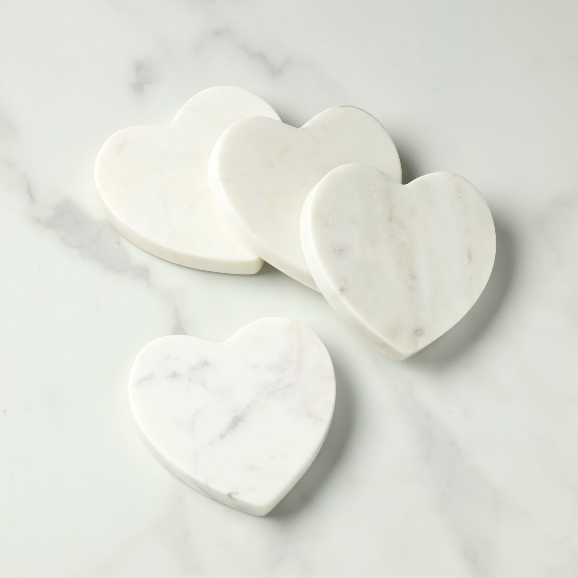 White Marble Heart Coasters Set of 4 - Handcrafted Stone Drink Coasters