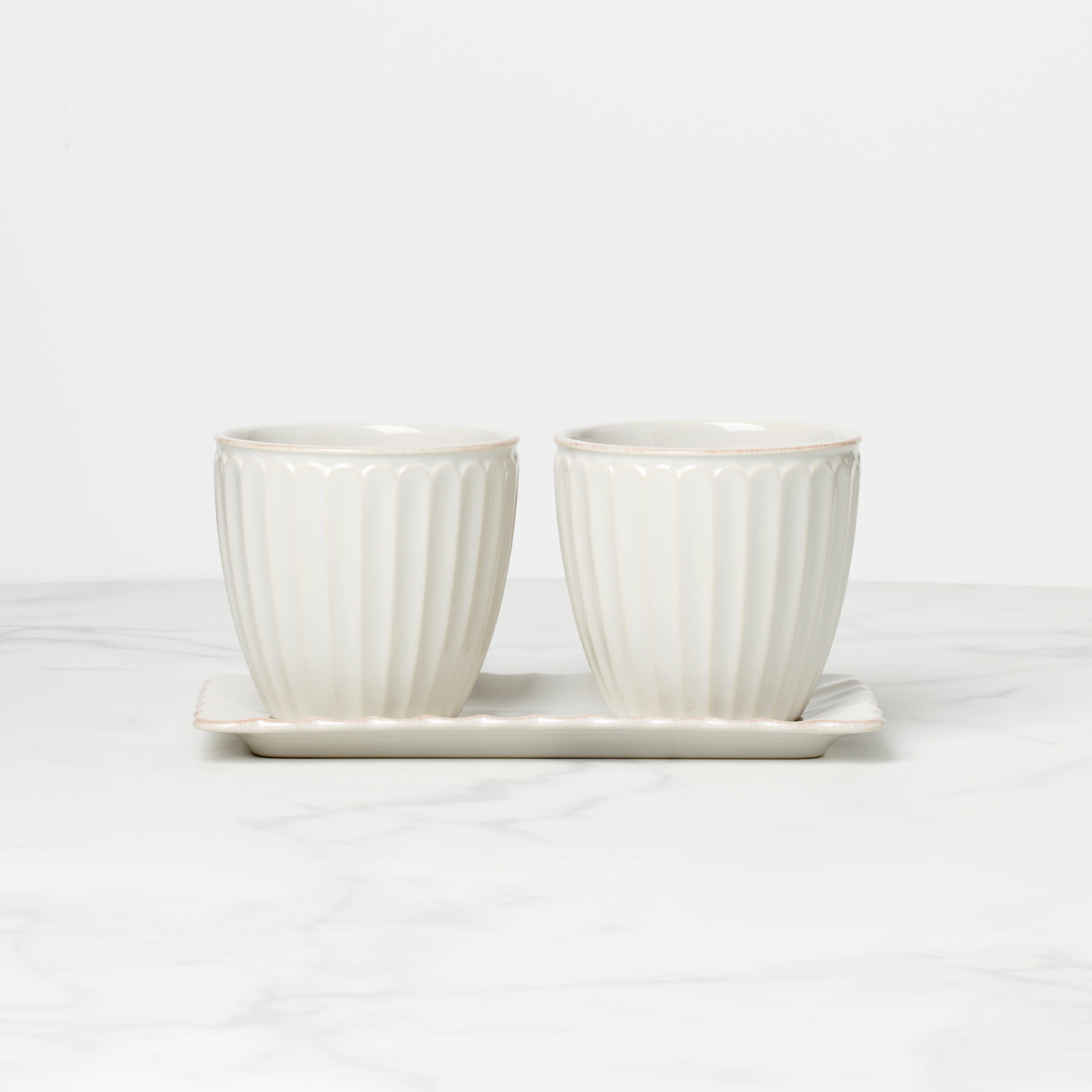French Perle Scallop Herb Pot Set - Stoneware Planters with Tea Stain Finish
