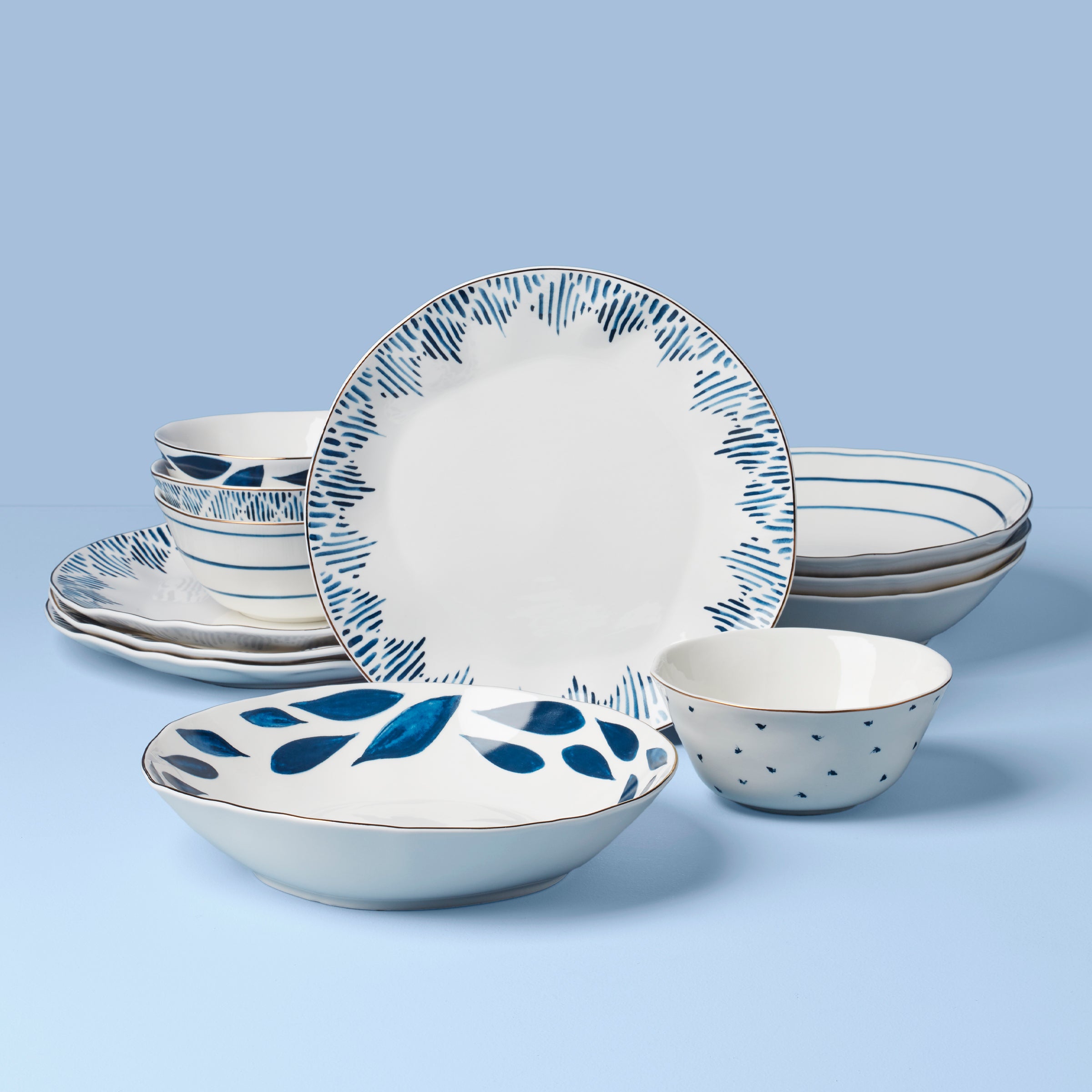 Blue Bay 12-Piece Porcelain Dinnerware Set with Gold Accents