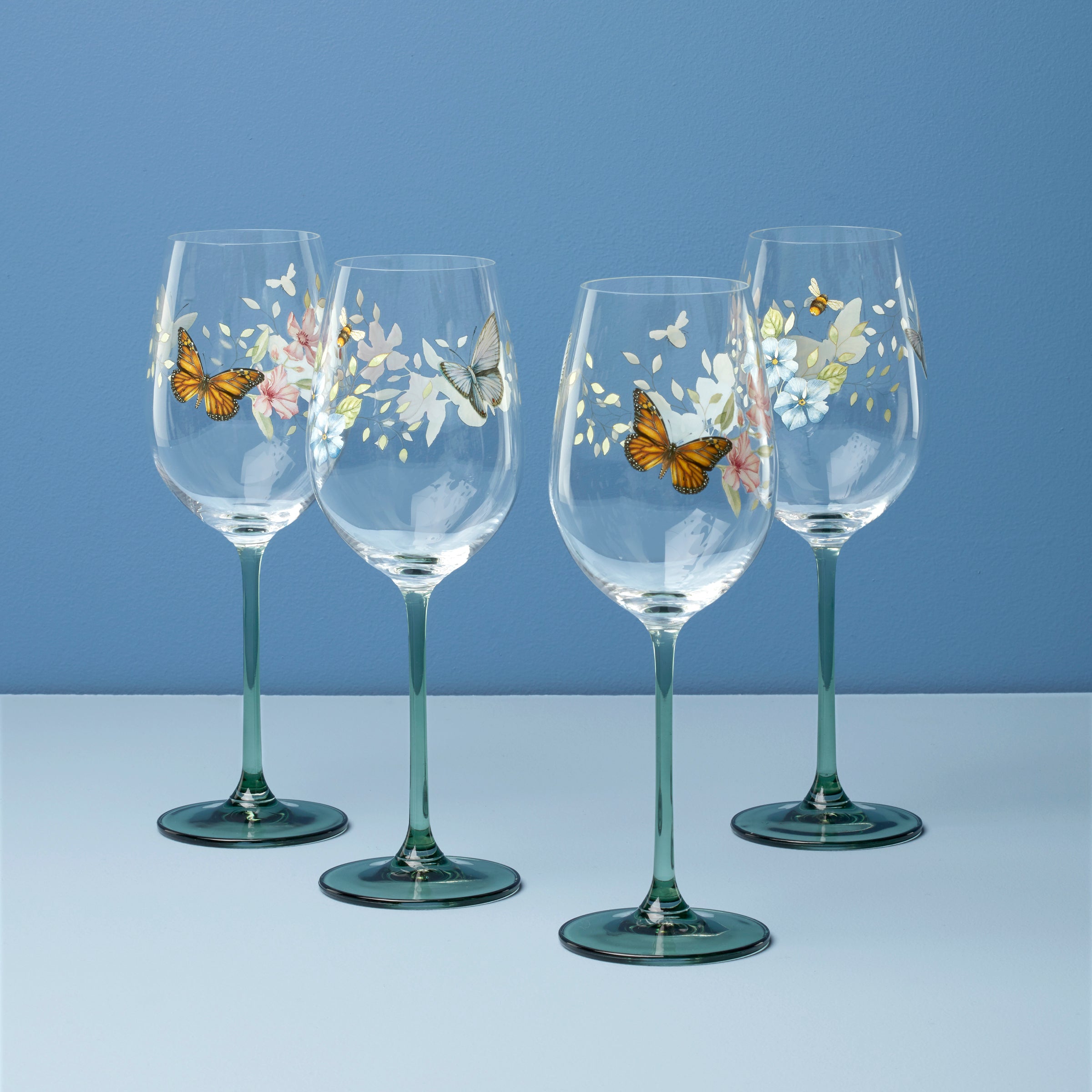 Butterfly Meadow Wine Glasses Set - Floral & Butterfly Design - 4-Piece