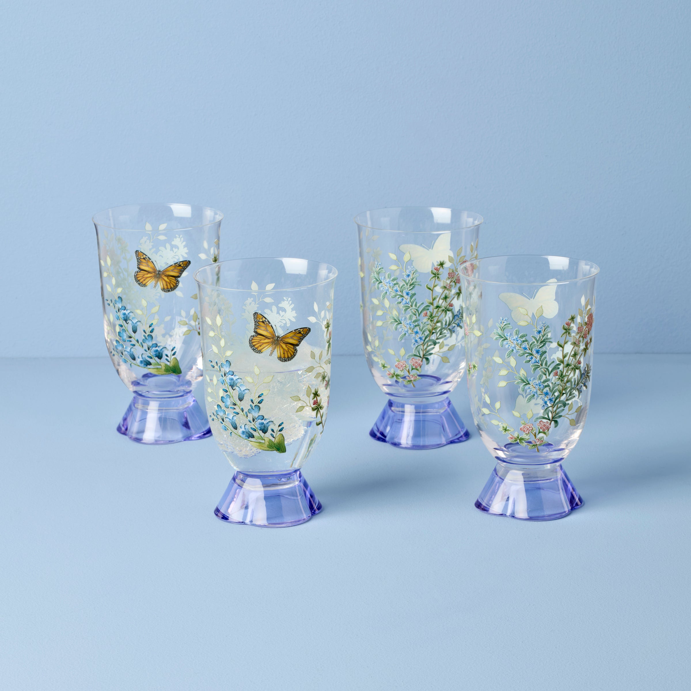 Butterfly Meadow Herbs Glass Tumblers - Set of 4 Tall Drinking Glasses
