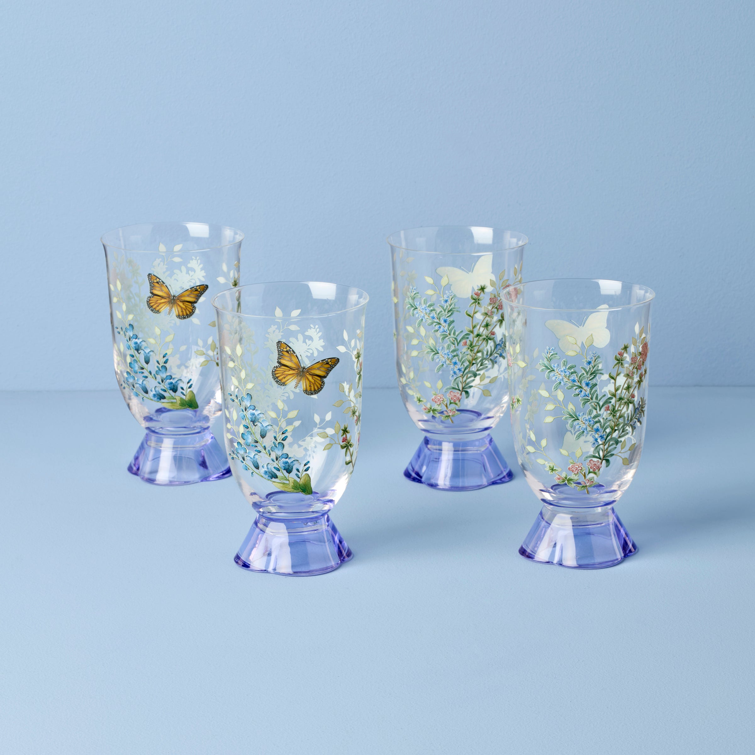 Butterfly Meadow Herbs Glass Tumblers - Set of 4 Tall Drinking Glasses