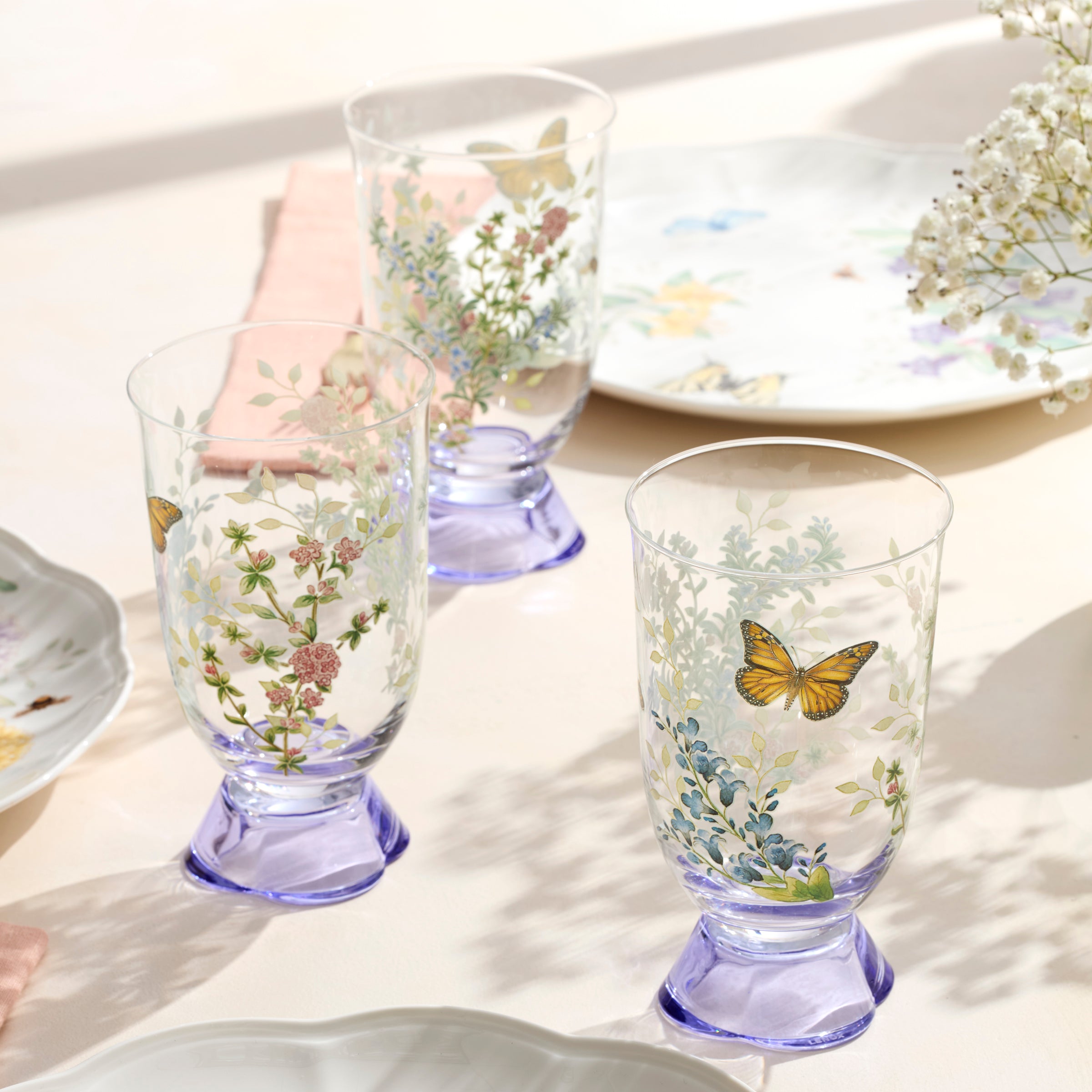 Butterfly Meadow Herbs Glass Tumblers - Set of 4 Tall Drinking Glasses