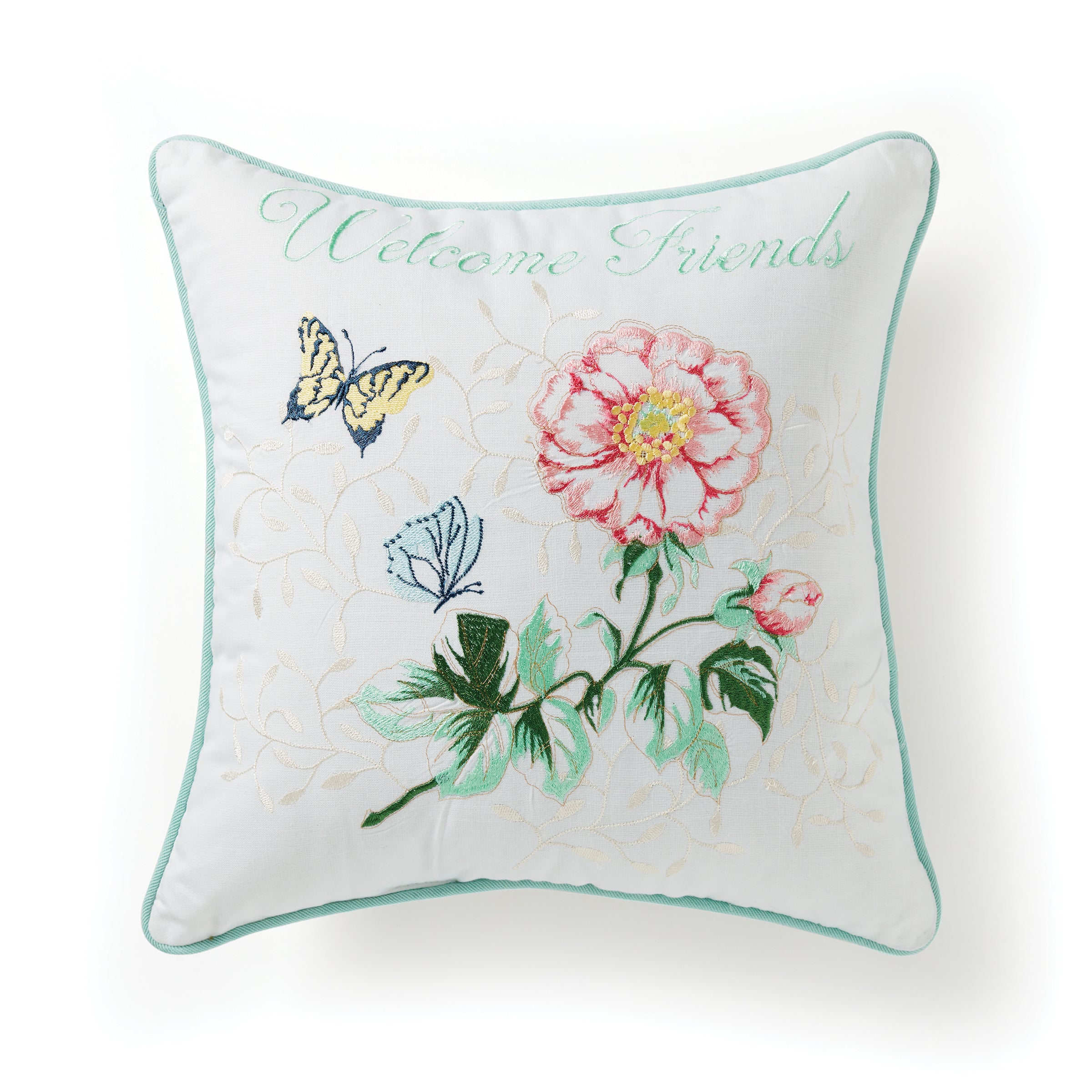Butterfly Meadow Floral Welcome Friends Pillow 18x18