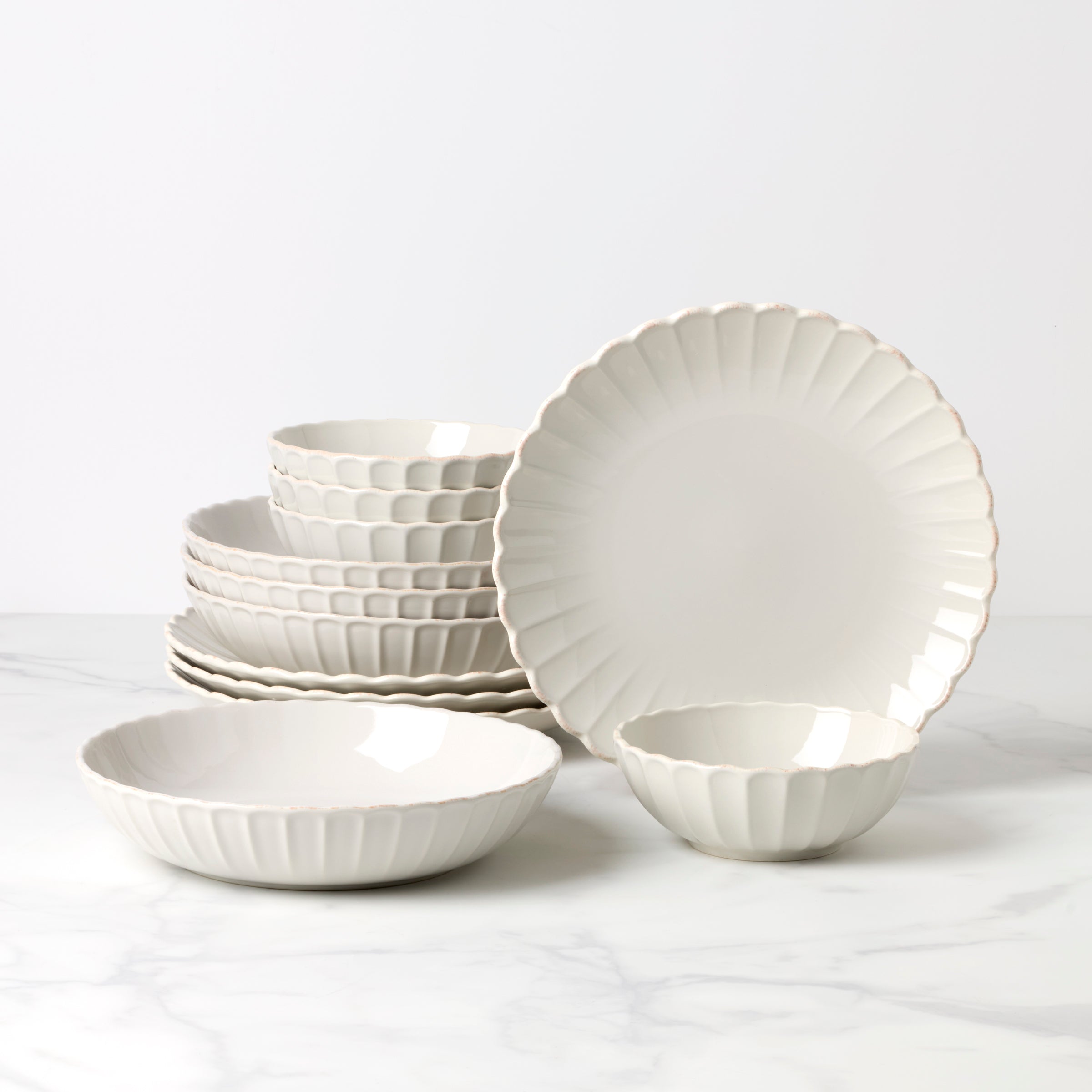 French Perle Scallop White 12-Piece Stoneware Dinnerware Set
