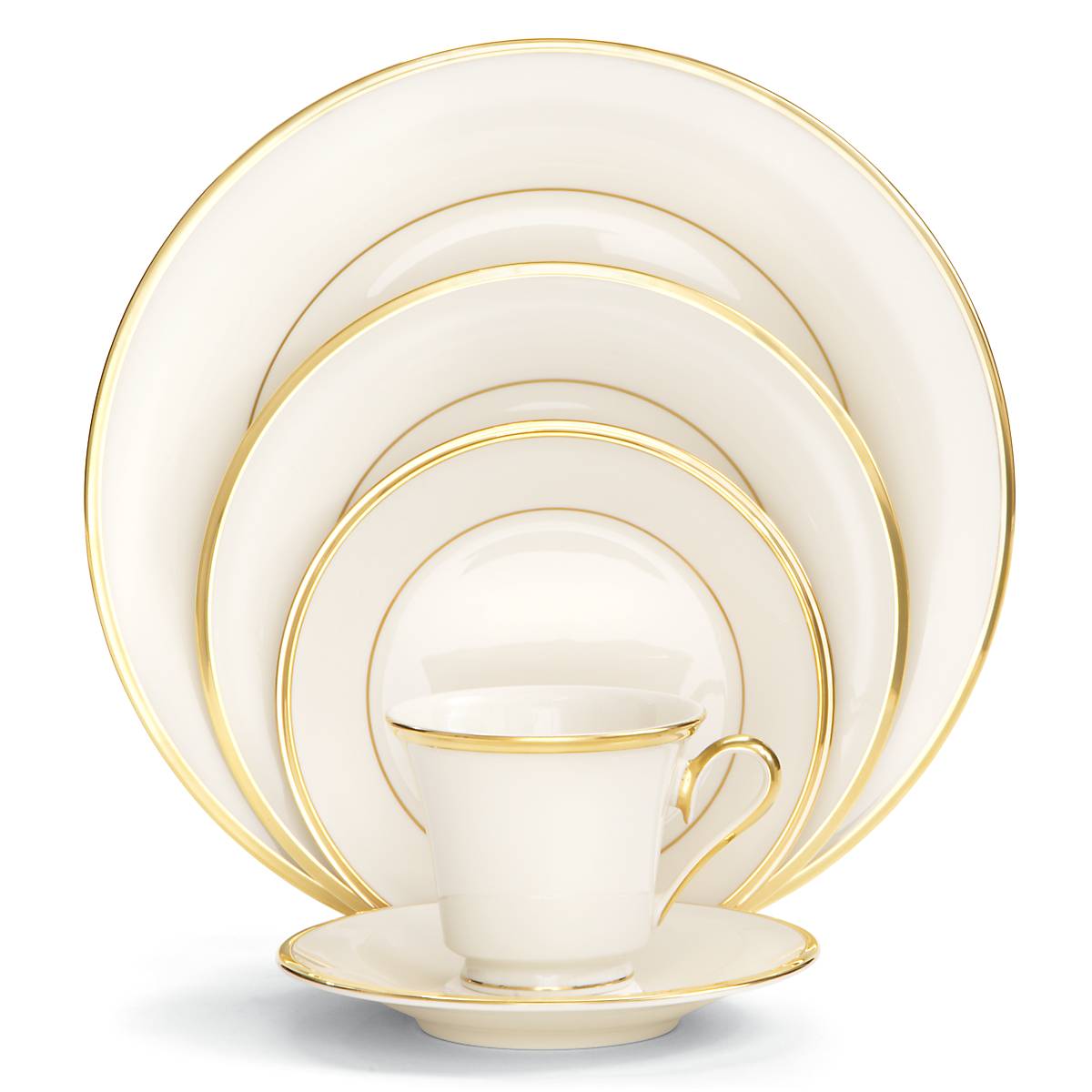 Gold-Accented Porcelain Dinnerware Set - 5-Piece Place Setting with Cup & Saucer