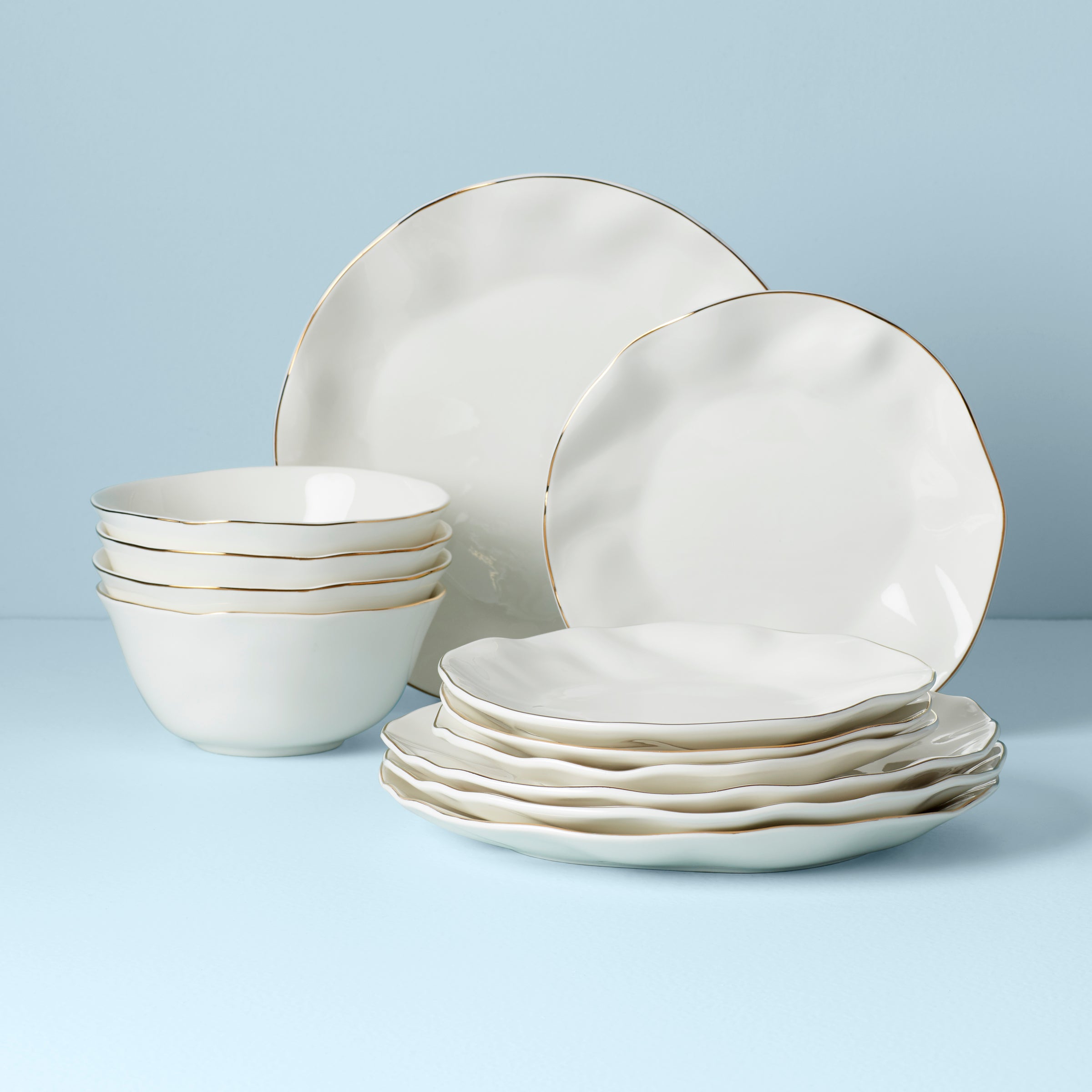 Blue Bay 12-Piece Dinnerware Set with Gold Rim - White