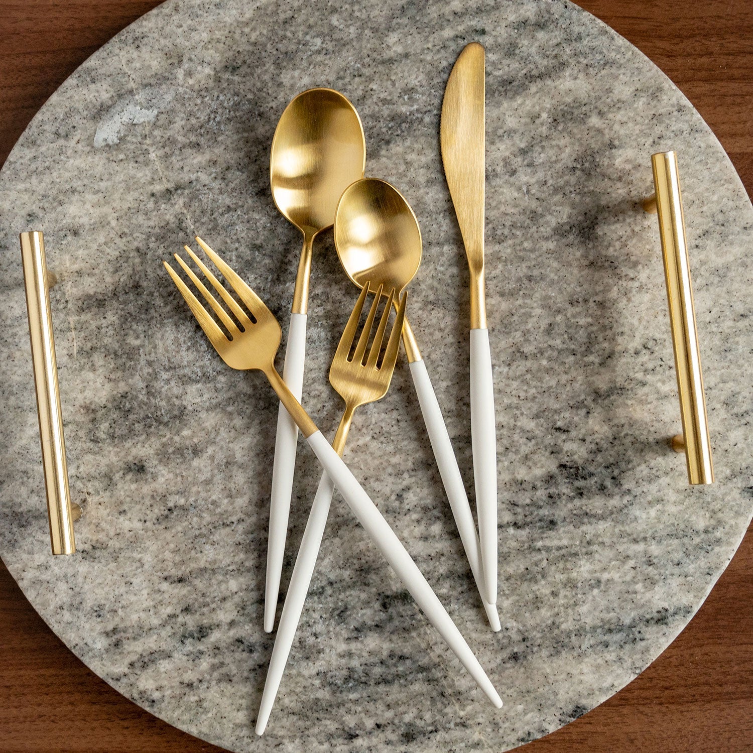 Gold Satin Flatware Set – 20-Piece White & Gold Cutlery for 4