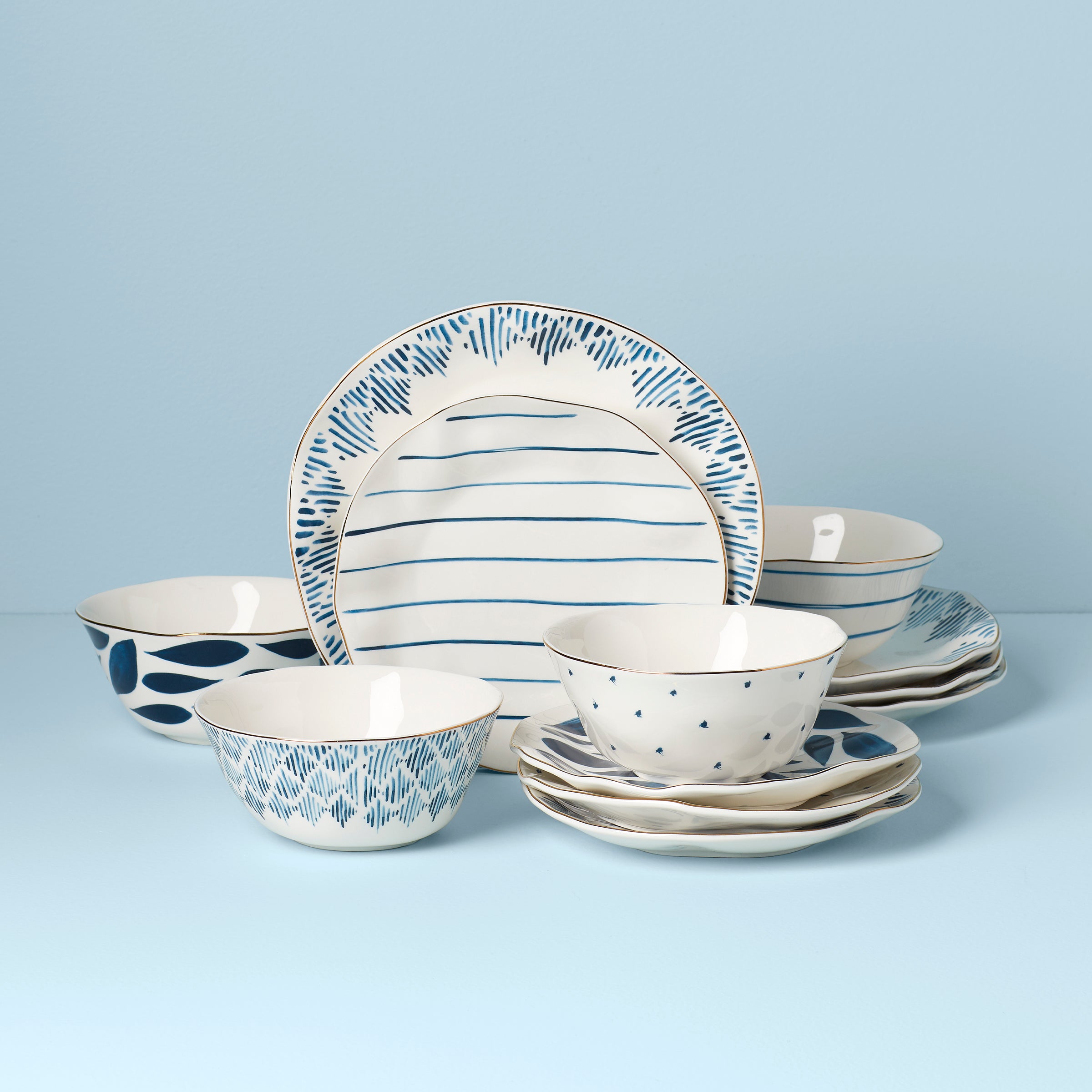 Blue Bay 12-Piece Porcelain Dinnerware Set with Gold Accents