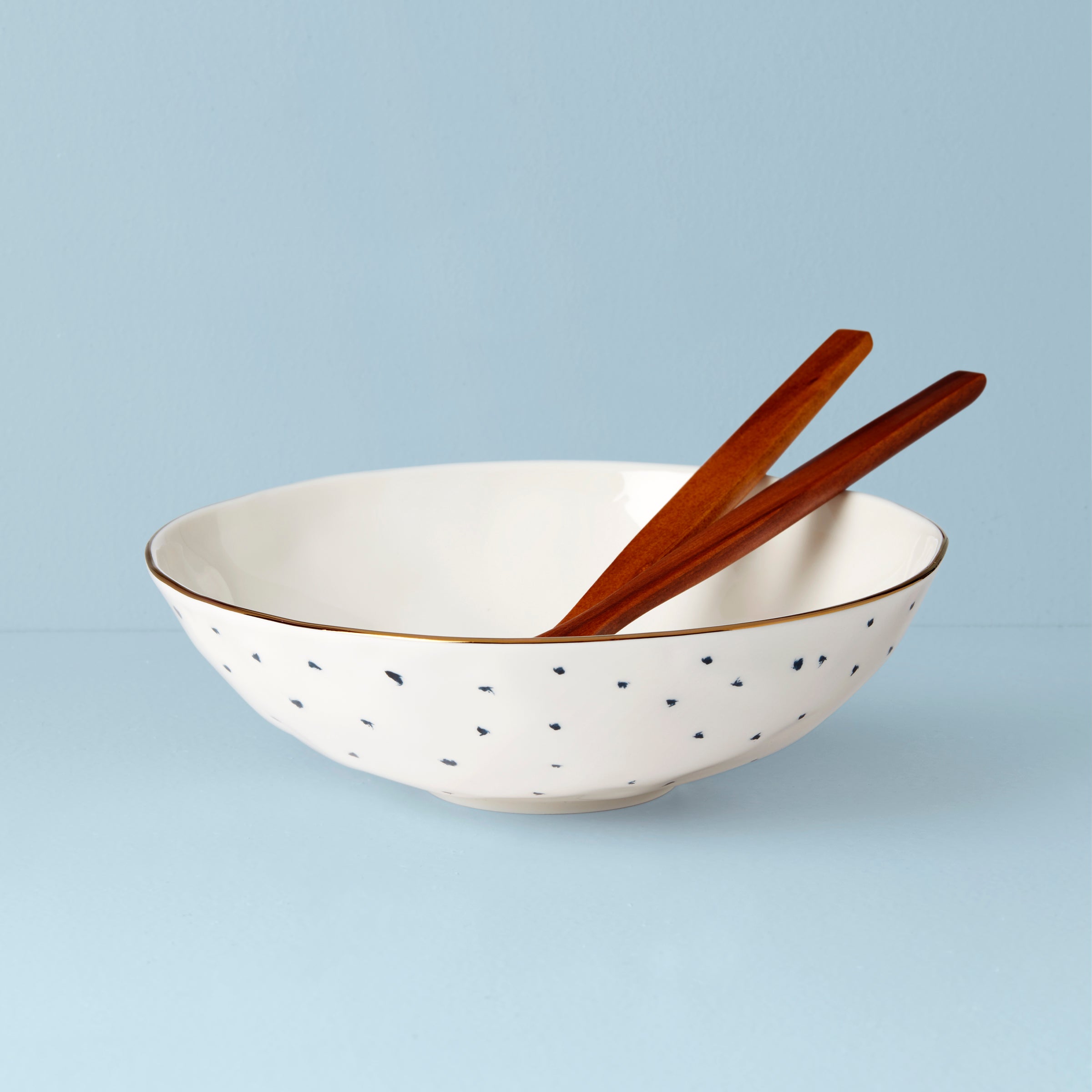 Blue Bay Ceramic Salad Bowl Set with Wooden Servers & Gold Trim