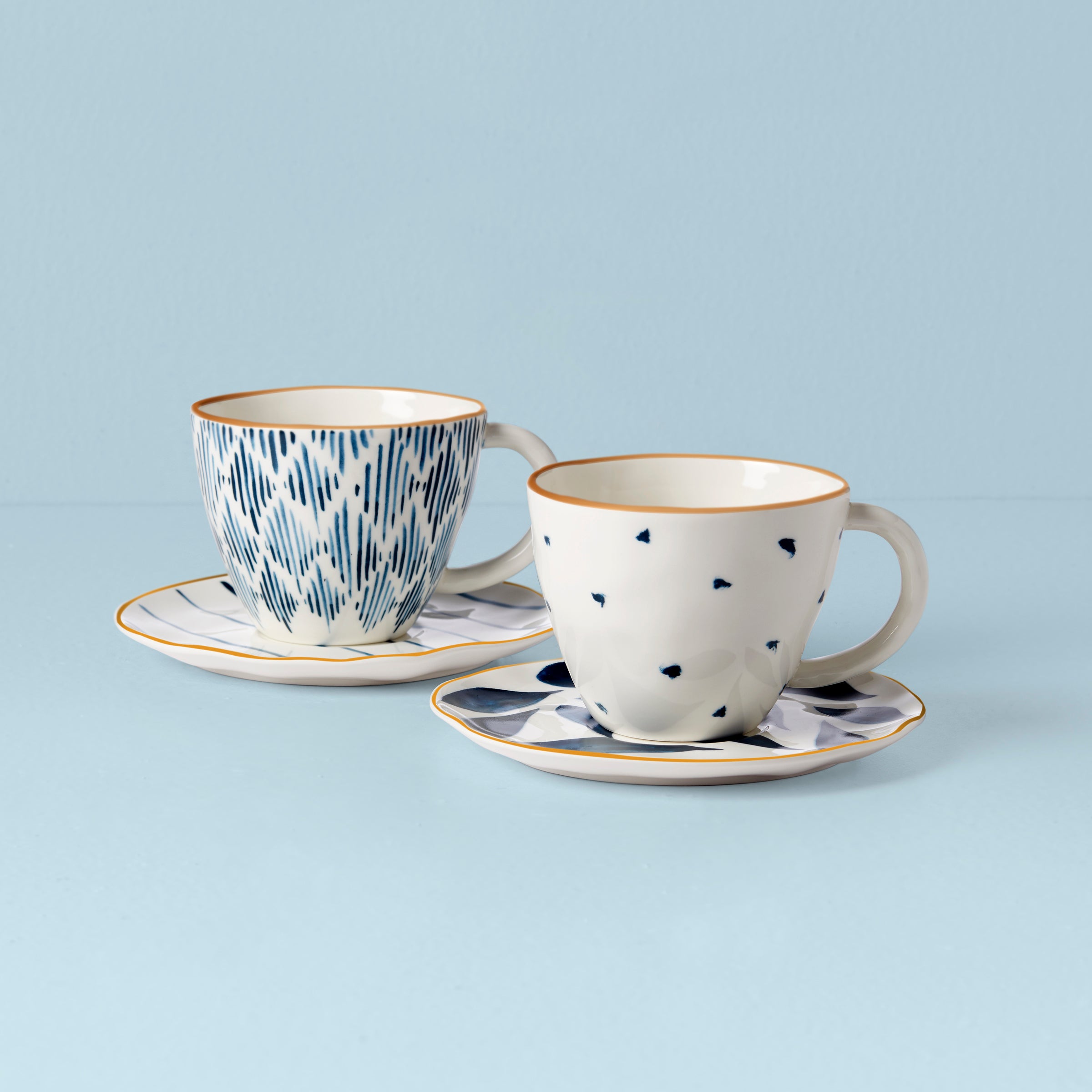 Blue Bay 4-Piece Teacup & Saucer Set with Gold Trim – Microwave Safe
