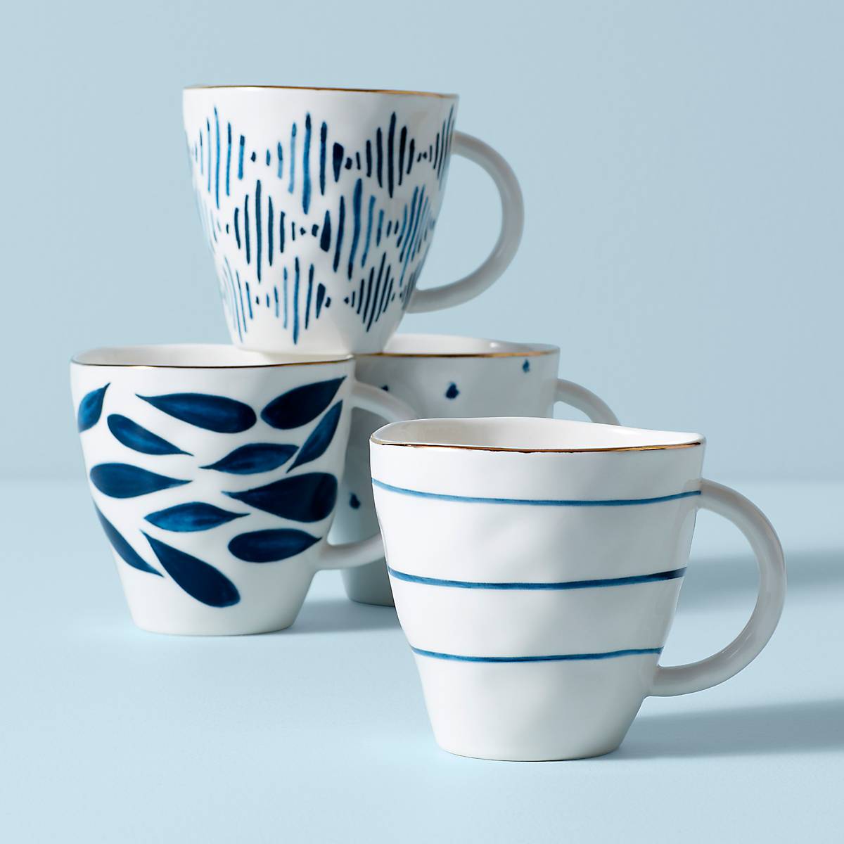 Blue Bay Tea Mugs Set of 4 with Gold Banding - Assorted Patterns