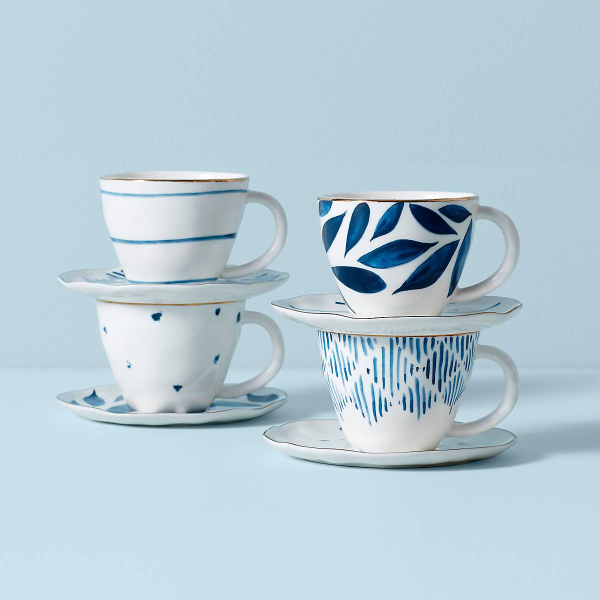 Blue Bay 8-Piece Espresso Cup Set with Saucers - Floral Design