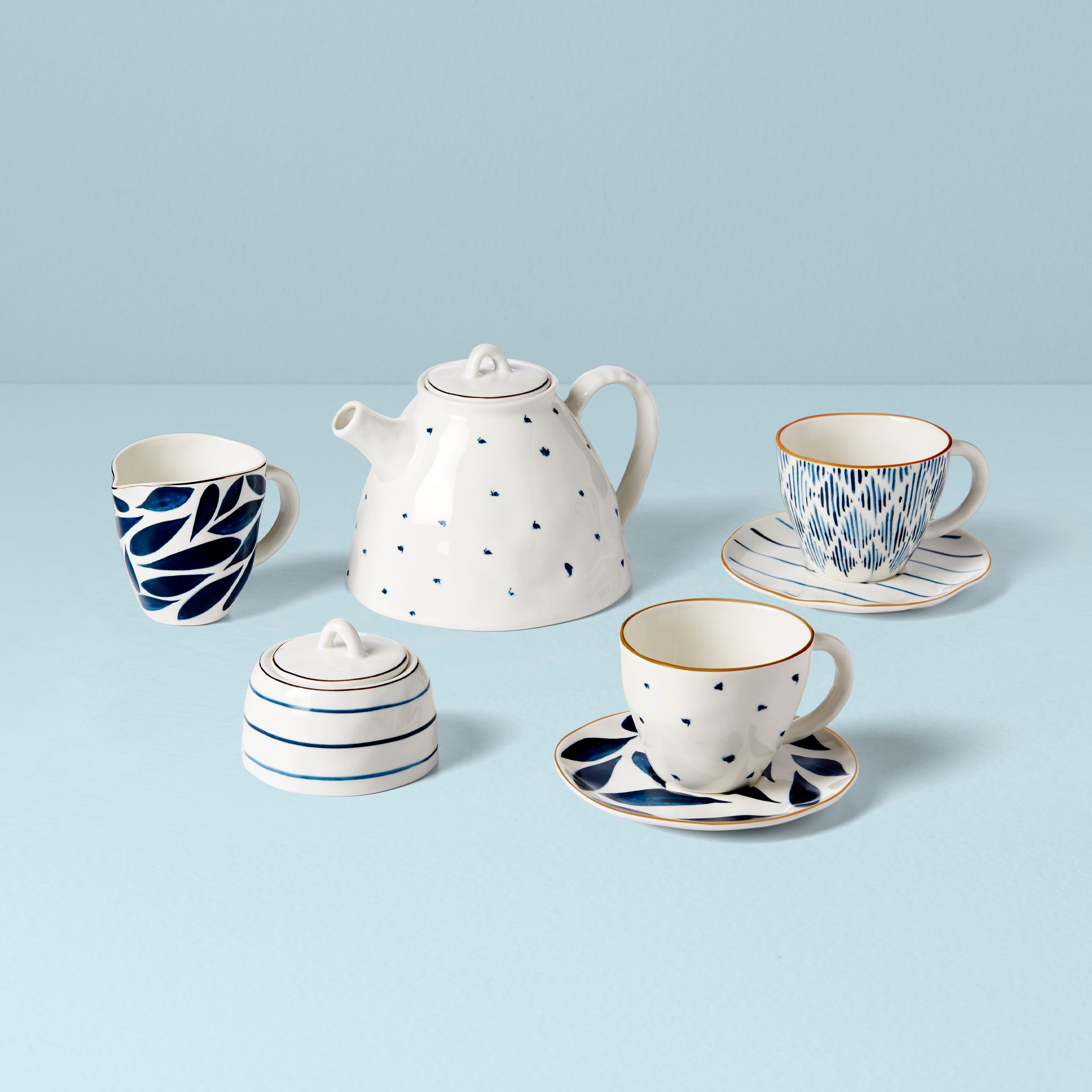 Blue Bay Porcelain Tea Set for Two with Gold Trim - 9-Piece