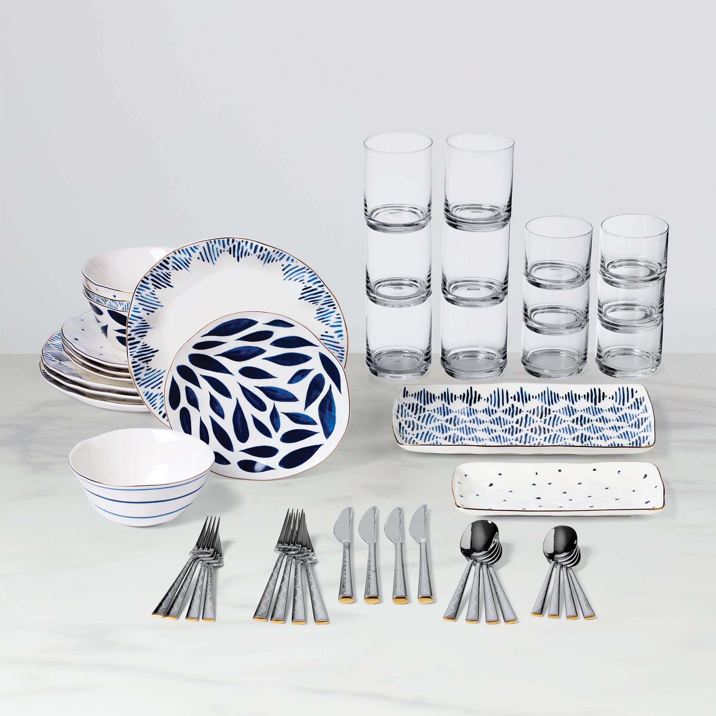Blue Bay 46-Piece Dinnerware Set with Gold Accents & Textile Design