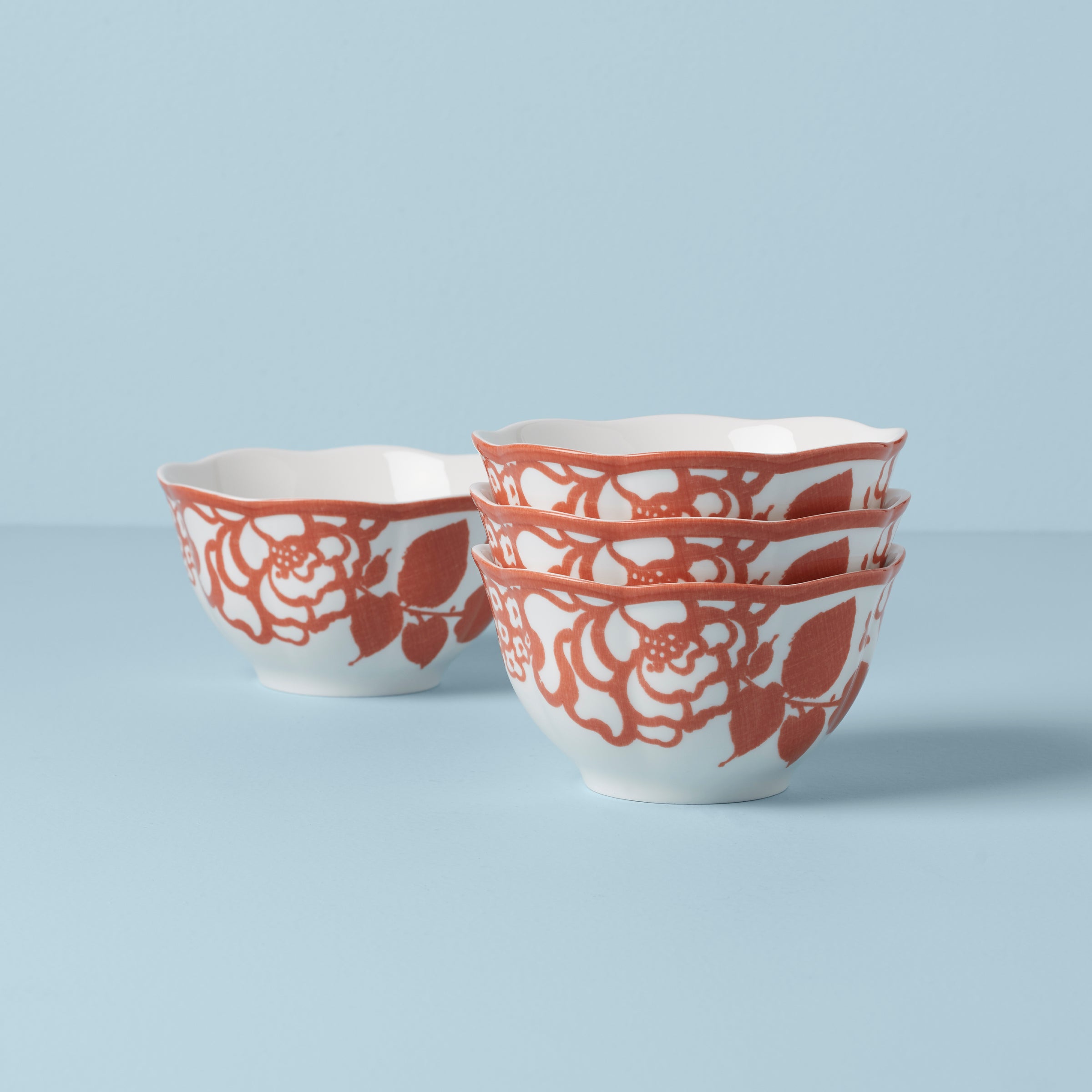 Cottagecore Saffron Rice Bowls - Set of 4 Floral Butterfly Meadow Design
