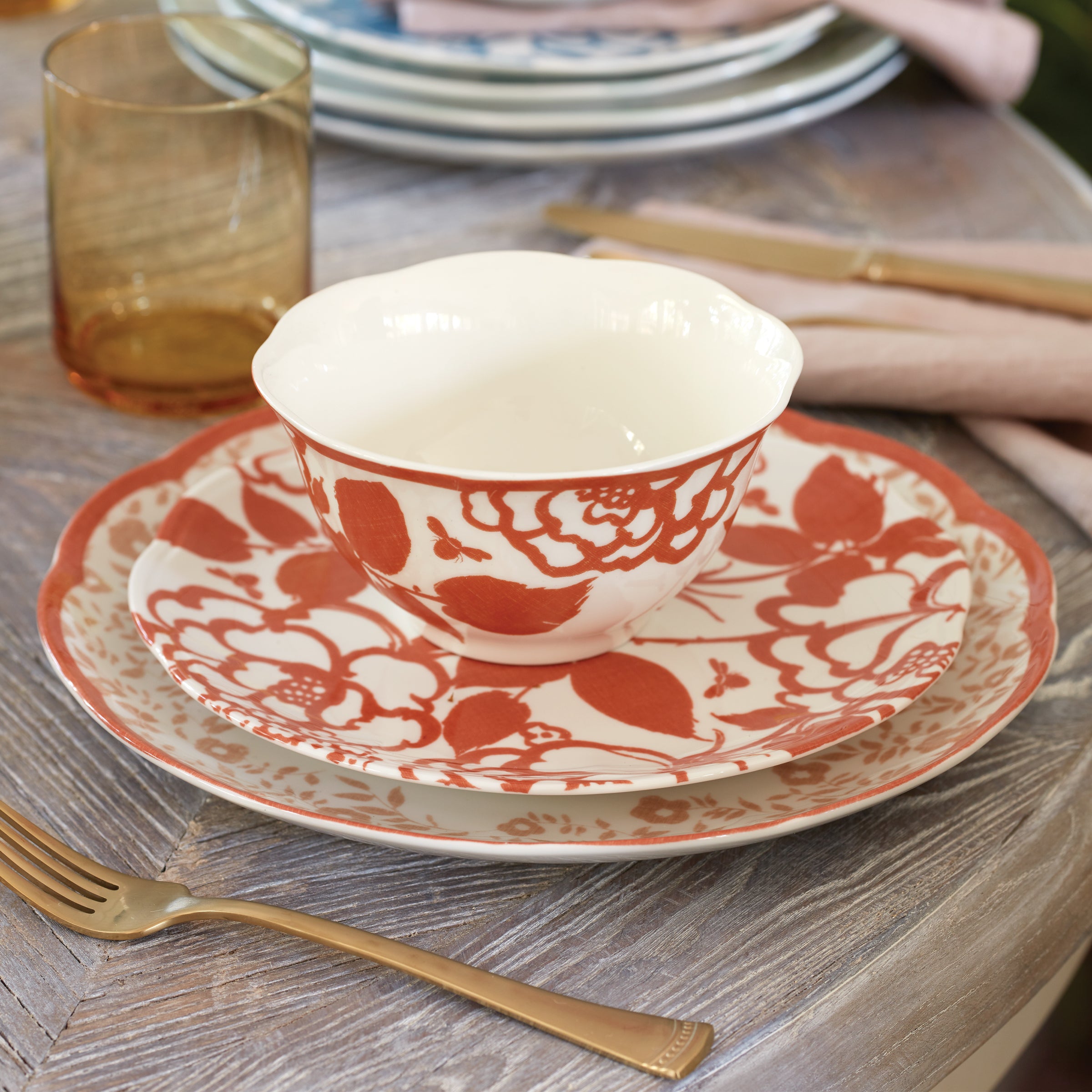 Cottagecore Saffron Rice Bowls - Set of 4 Floral Butterfly Meadow Design