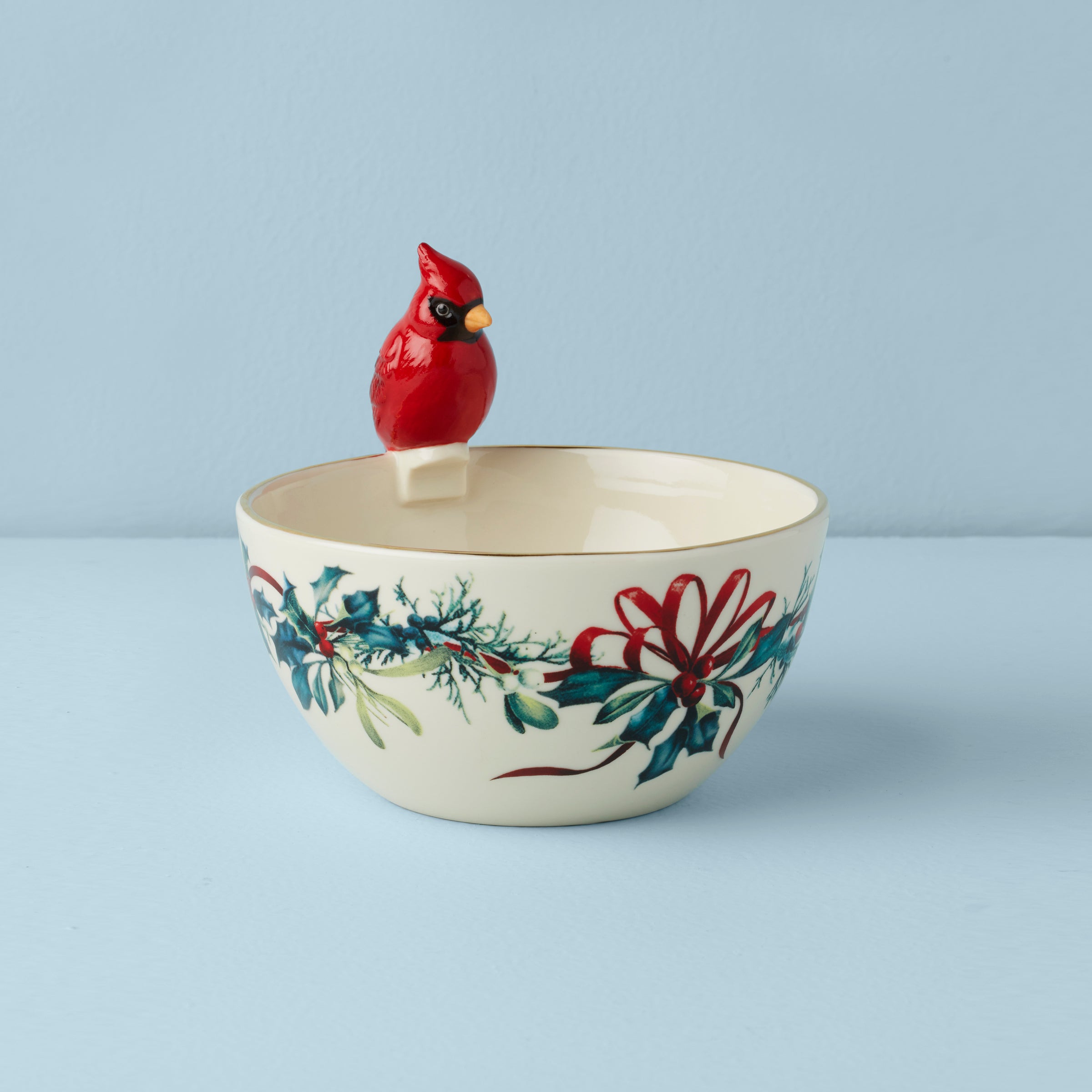 Winter Cardinal Ceramic Bowl with Holiday Ribbon & Holly Design